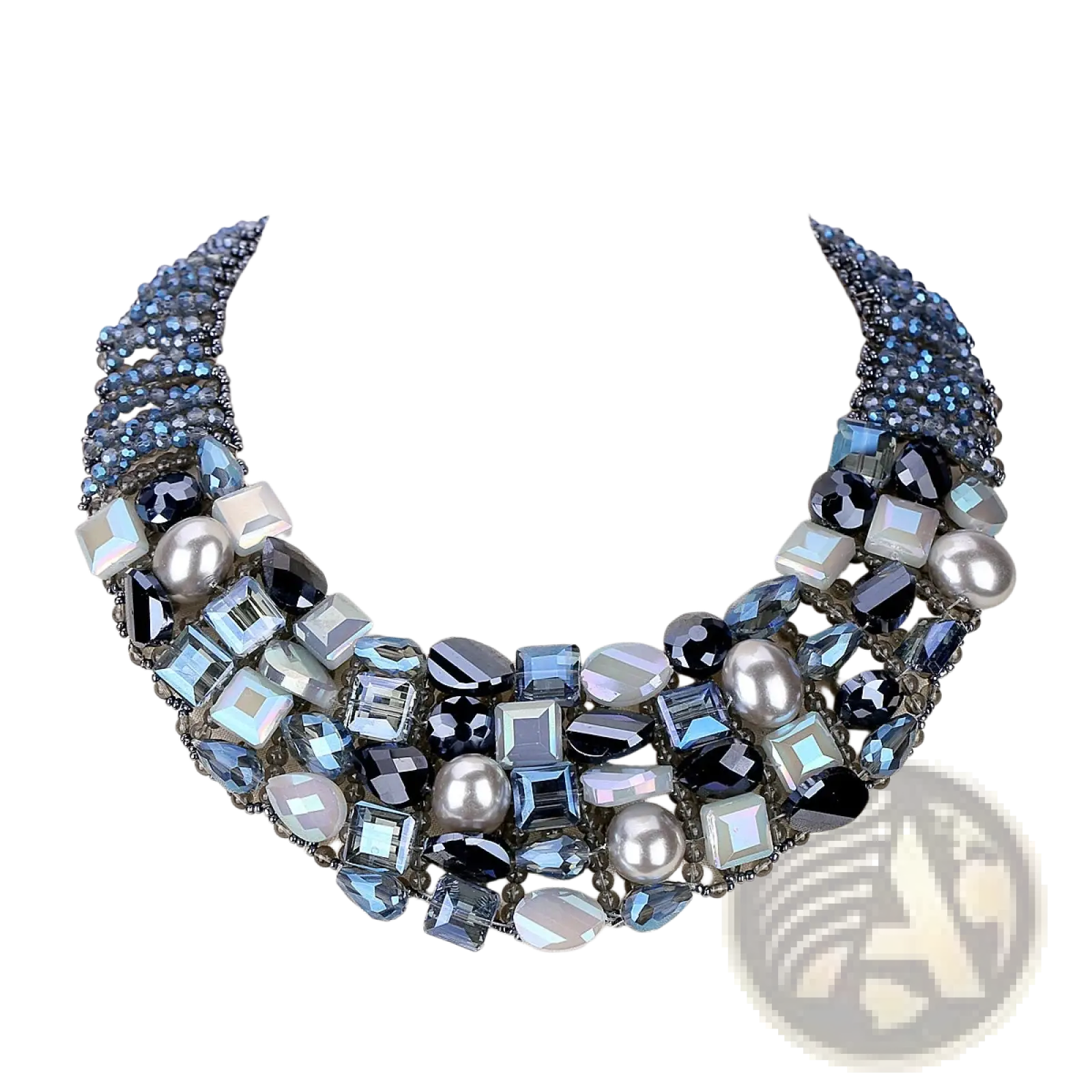 Crystal pearl statement choker necklace with multi-layered blue black and silver faceted crystals and pearls