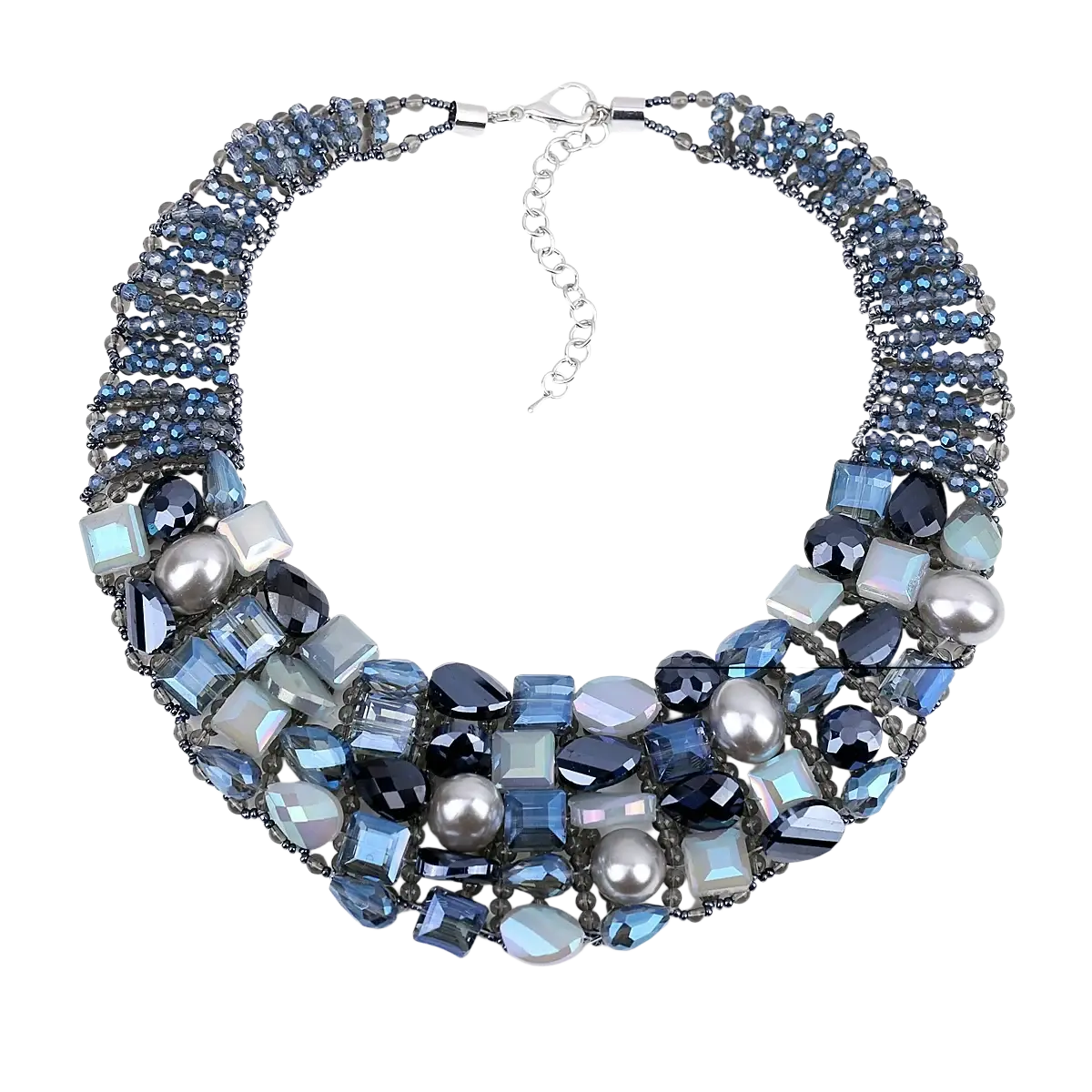 Crystal pearl statement choker necklace with blue silver gray faceted crystals and pearls set in metallic mesh