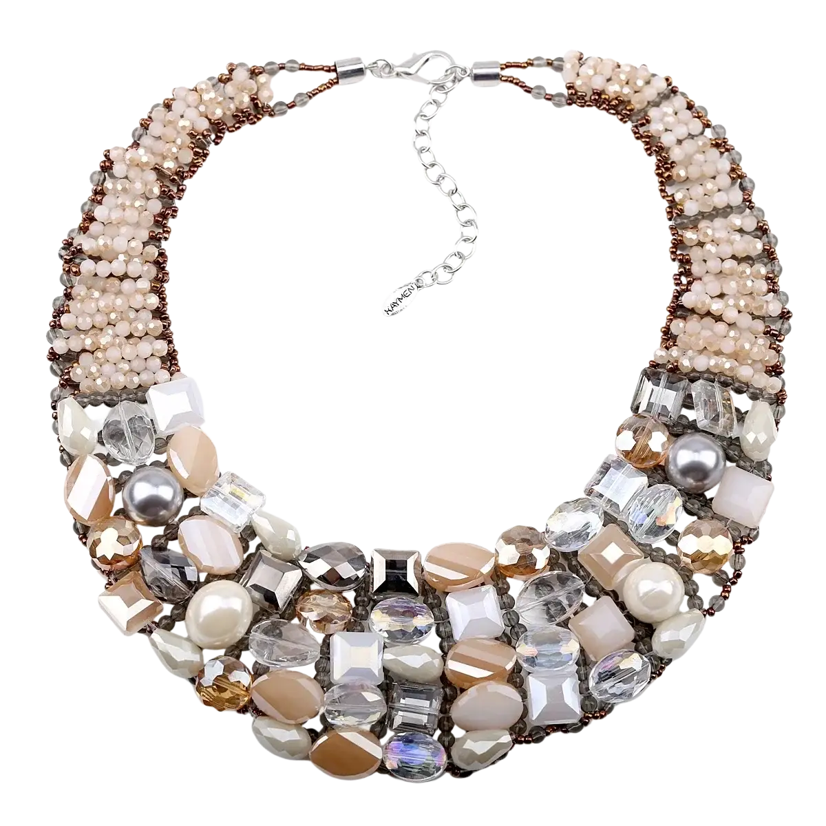 Crystal pearl statement choker necklace with multi-strand champagne silver and clear faceted beads with metallic accents
