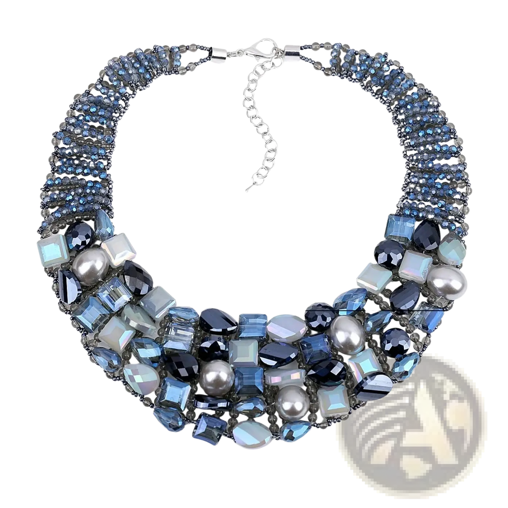 Crystal pearl statement choker necklace with blue silver gray faceted crystals and pearls set in metallic mesh