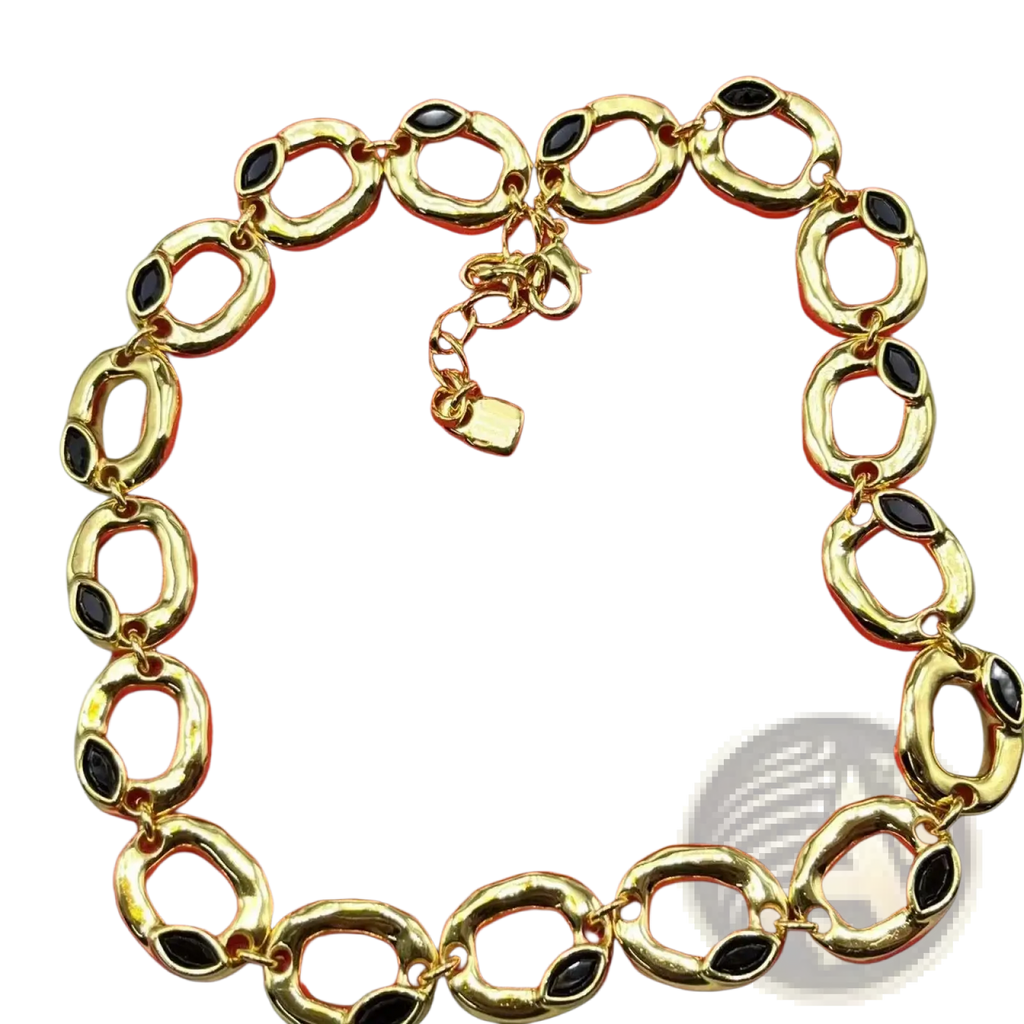 Gold-toned chain necklace with black oval stones and a small padlock clasp from crystal pendant jewelry set gold and silver tone