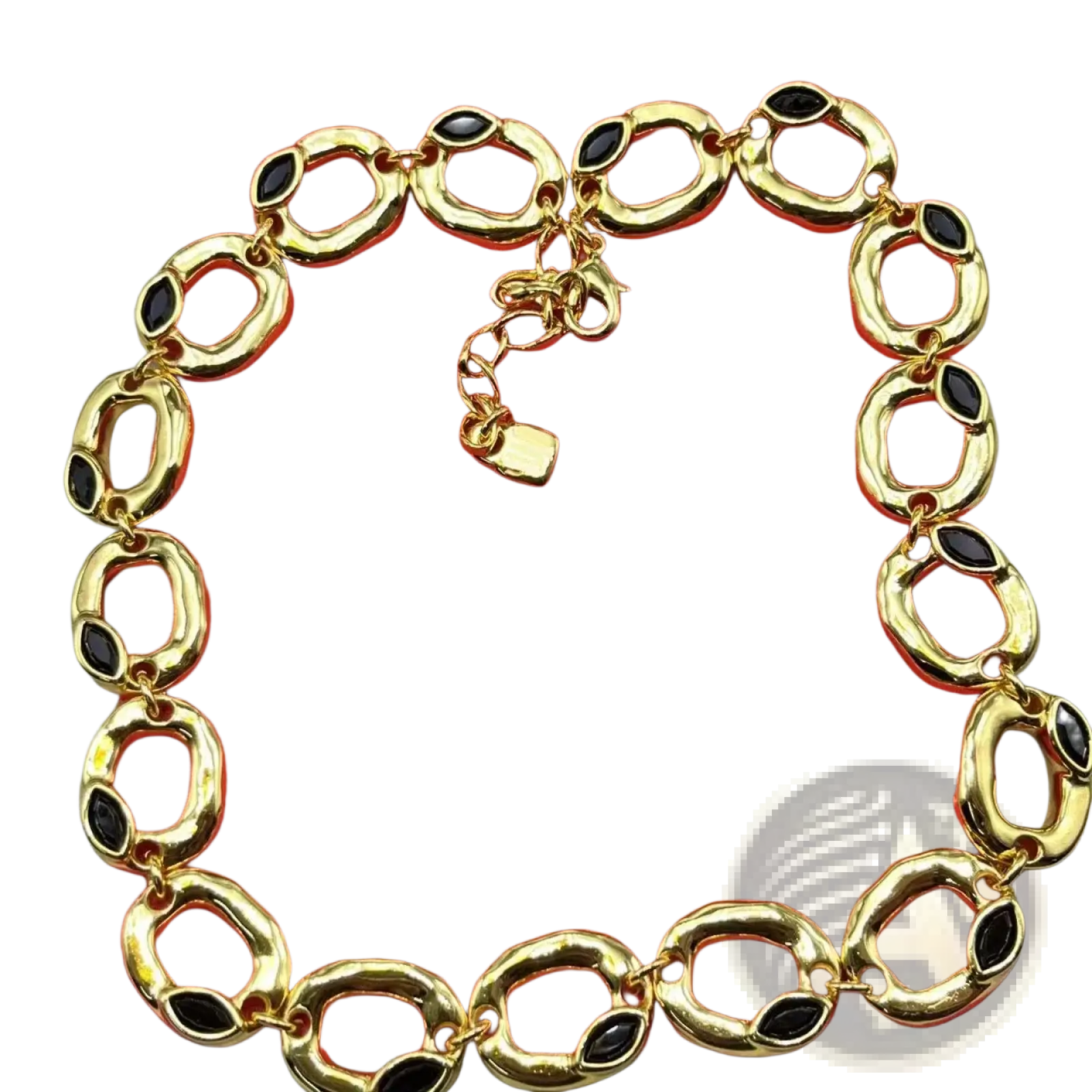 Gold-toned chain necklace with black oval stones and a small padlock clasp from crystal pendant jewelry set gold and silver tone