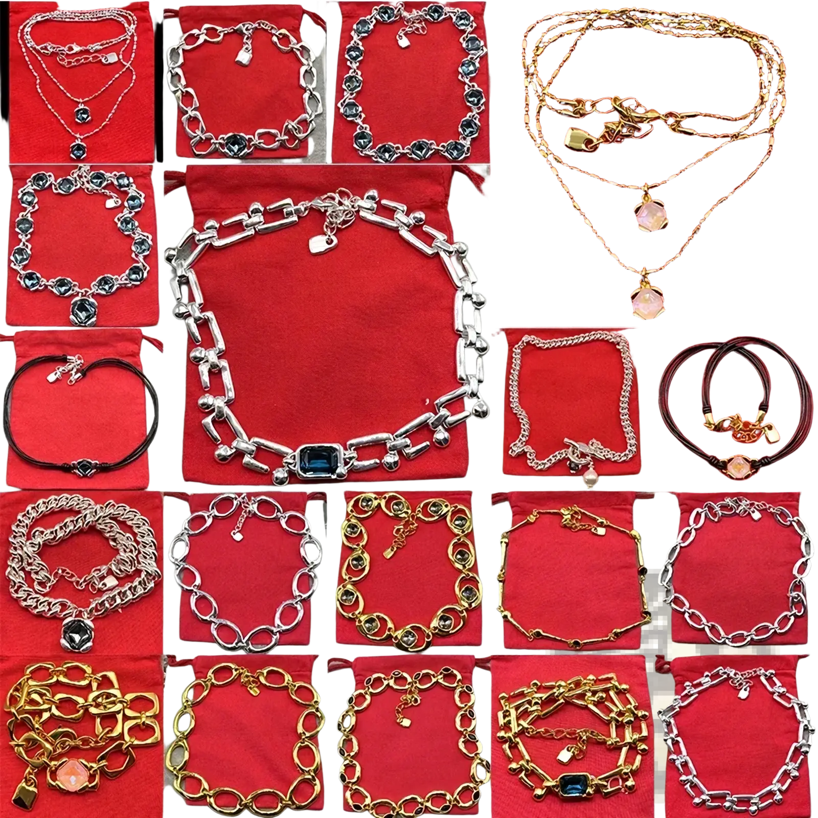 A collection of crystal pendant jewelry set gold and silver tone necklaces and bracelets with gemstone charms on red velvet