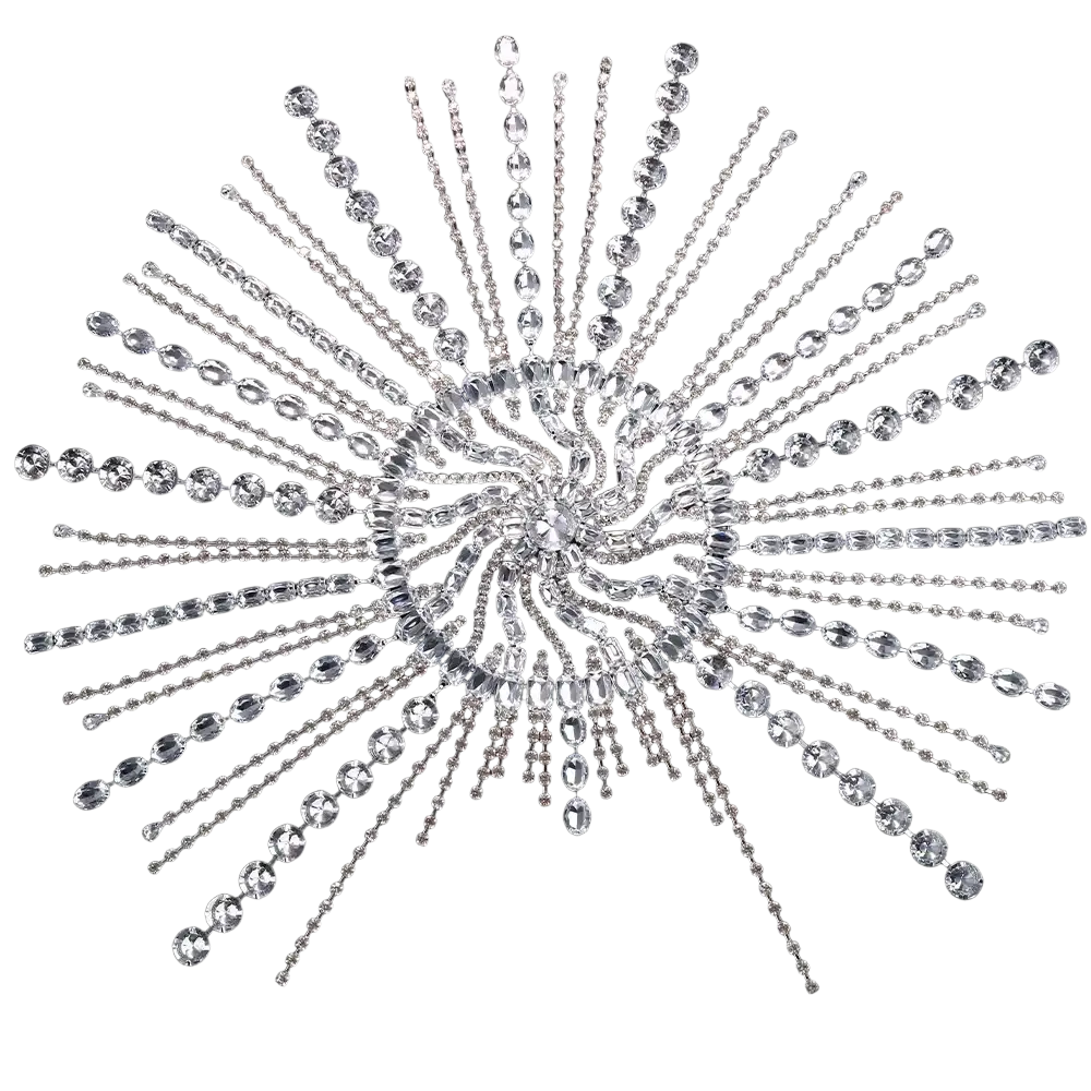 Crystal rhinestone bridal head chain hair jewelry with sparkling silver sunburst design and clear faceted crystals