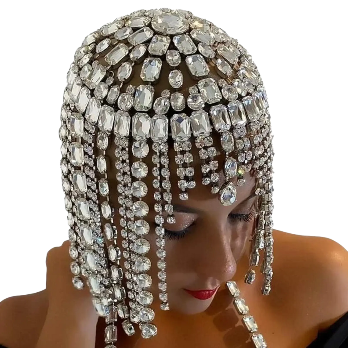A dazzling silver crystal rhinestone bridal head chain hair jewelry with cascading clear faceted crystals and rectangular stones