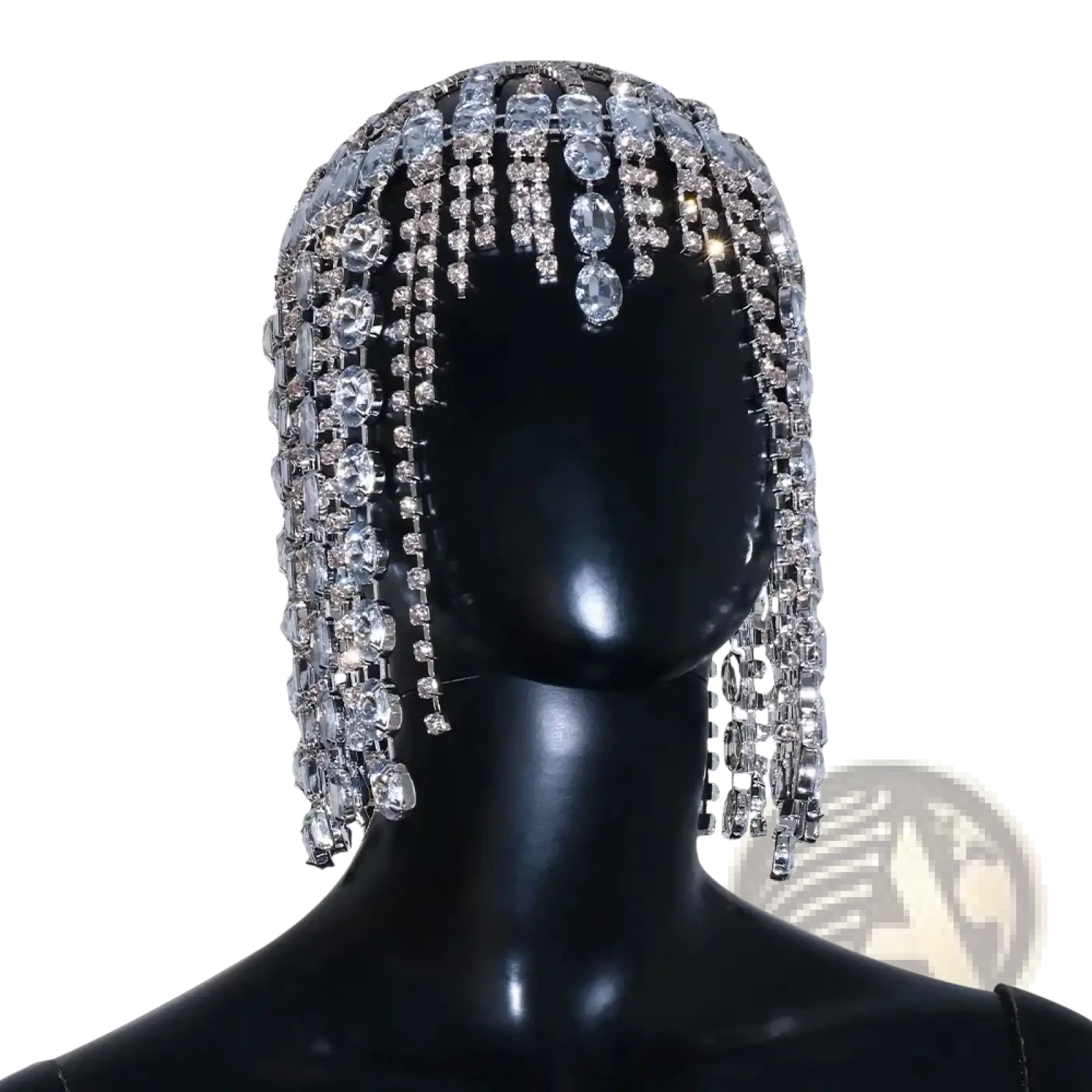 A dazzling silver crystal rhinestone bridal head chain hair jewelry with cascading clear oval-shaped rhinestone strands