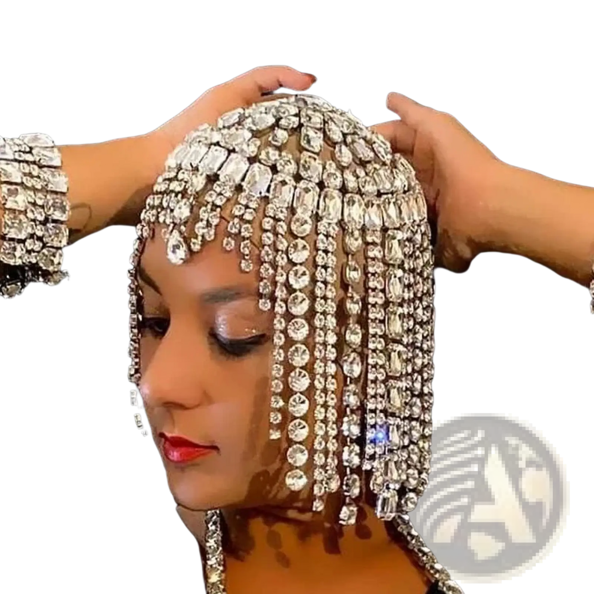 Crystal rhinestone bridal head chain hair jewelry featuring a dazzling silver rhinestone headpiece with cascading crystals