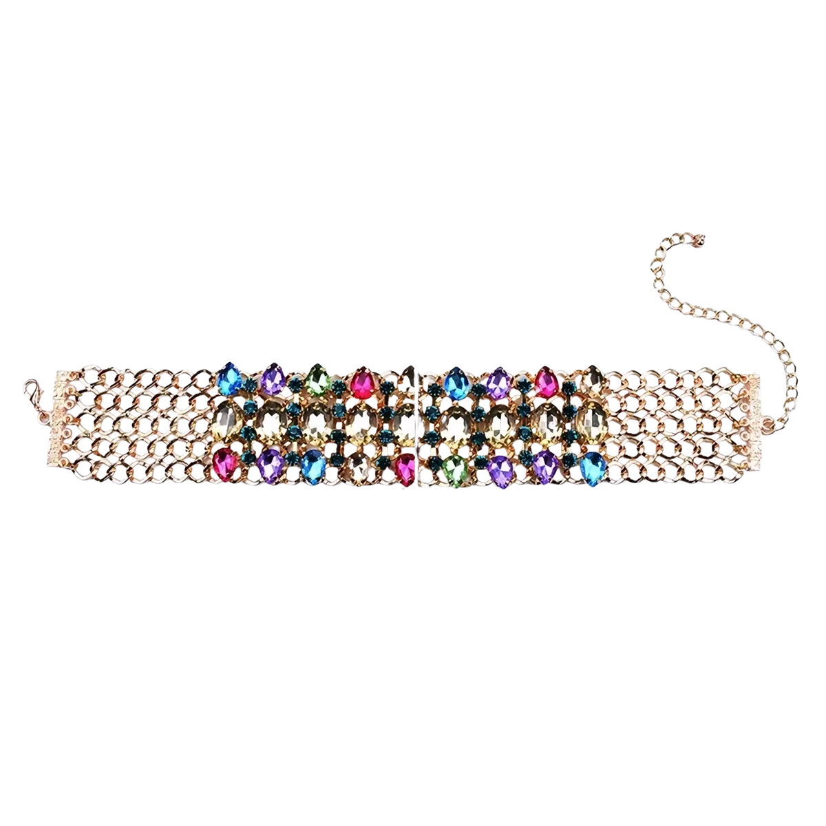 A shimmering gold-toned crystal rhinestone choker necklace with multi-row chain and vibrant rainbow crystals