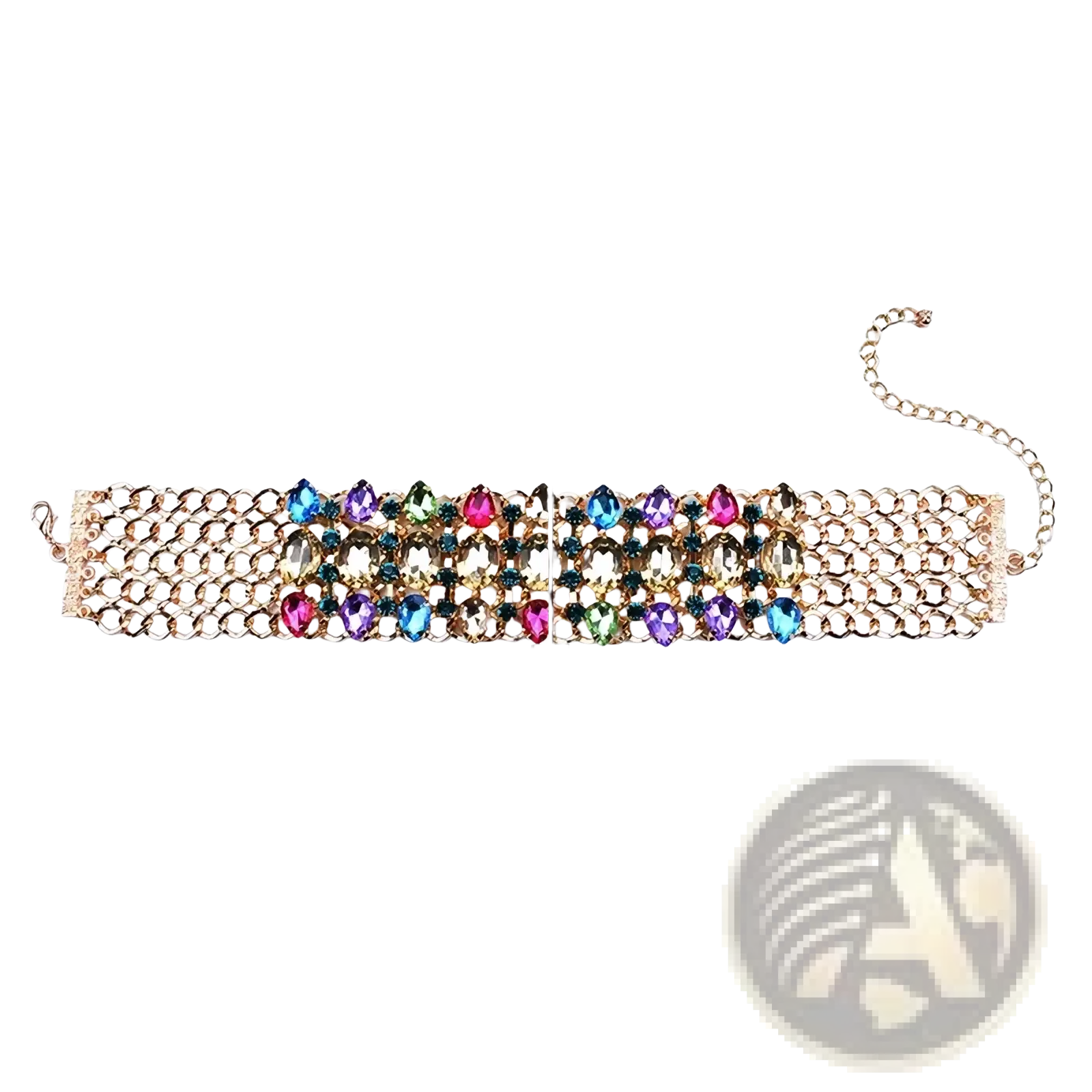 A shimmering gold-toned crystal rhinestone choker necklace with multi-row chain and vibrant rainbow crystals
