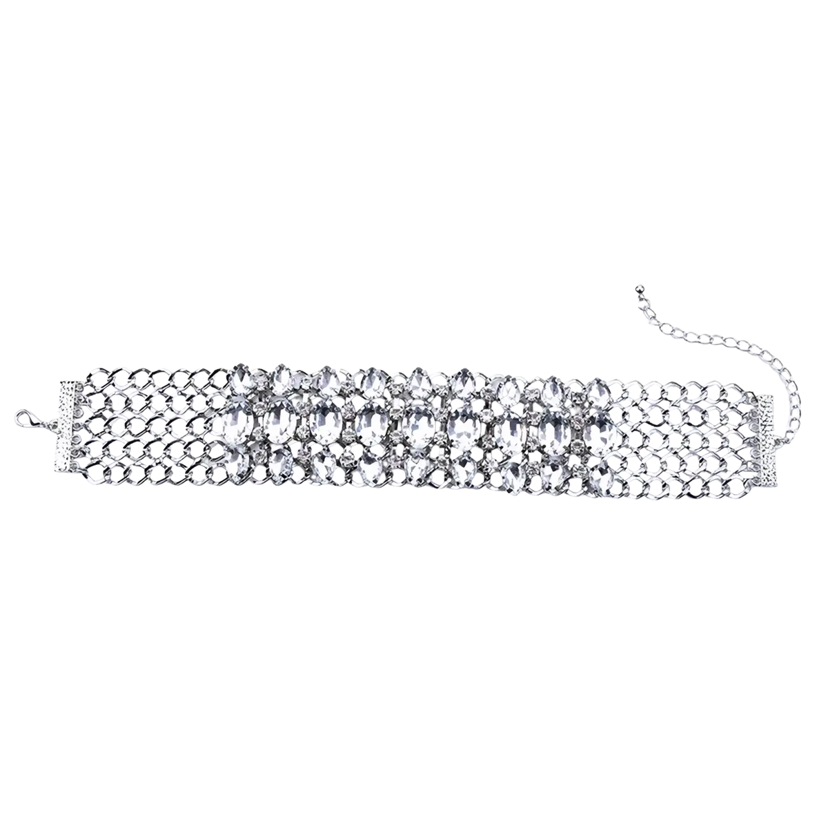Silver crystal rhinestone choker necklace with multi-layered mesh design and adjustable chain clasp wholesale product
