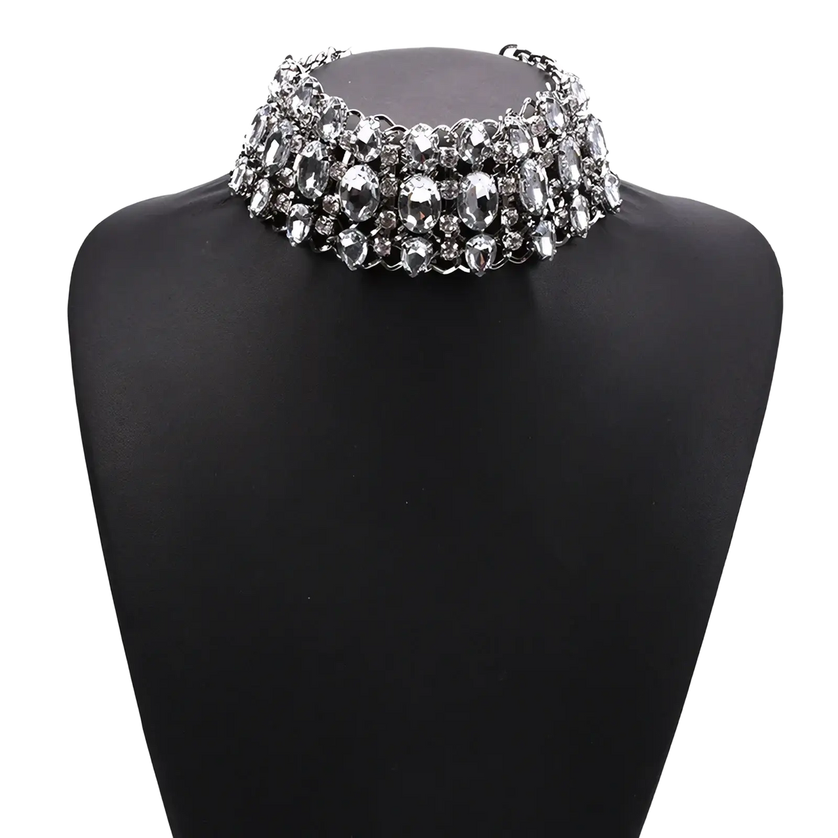 A sparkling silver crystal rhinestone choker necklace with multiple rows of clear faceted crystals set in metal