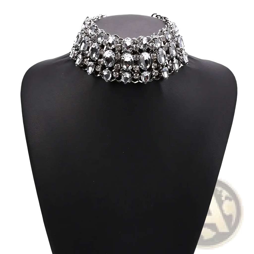 A sparkling silver crystal rhinestone choker necklace with multiple rows of clear faceted crystals set in metal