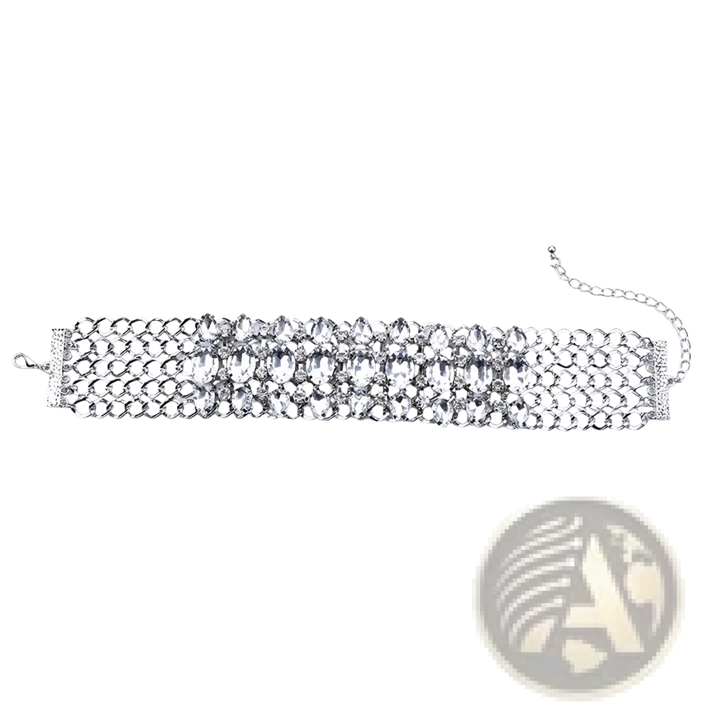 Silver crystal rhinestone choker necklace with multi-layered mesh design and adjustable chain clasp wholesale product