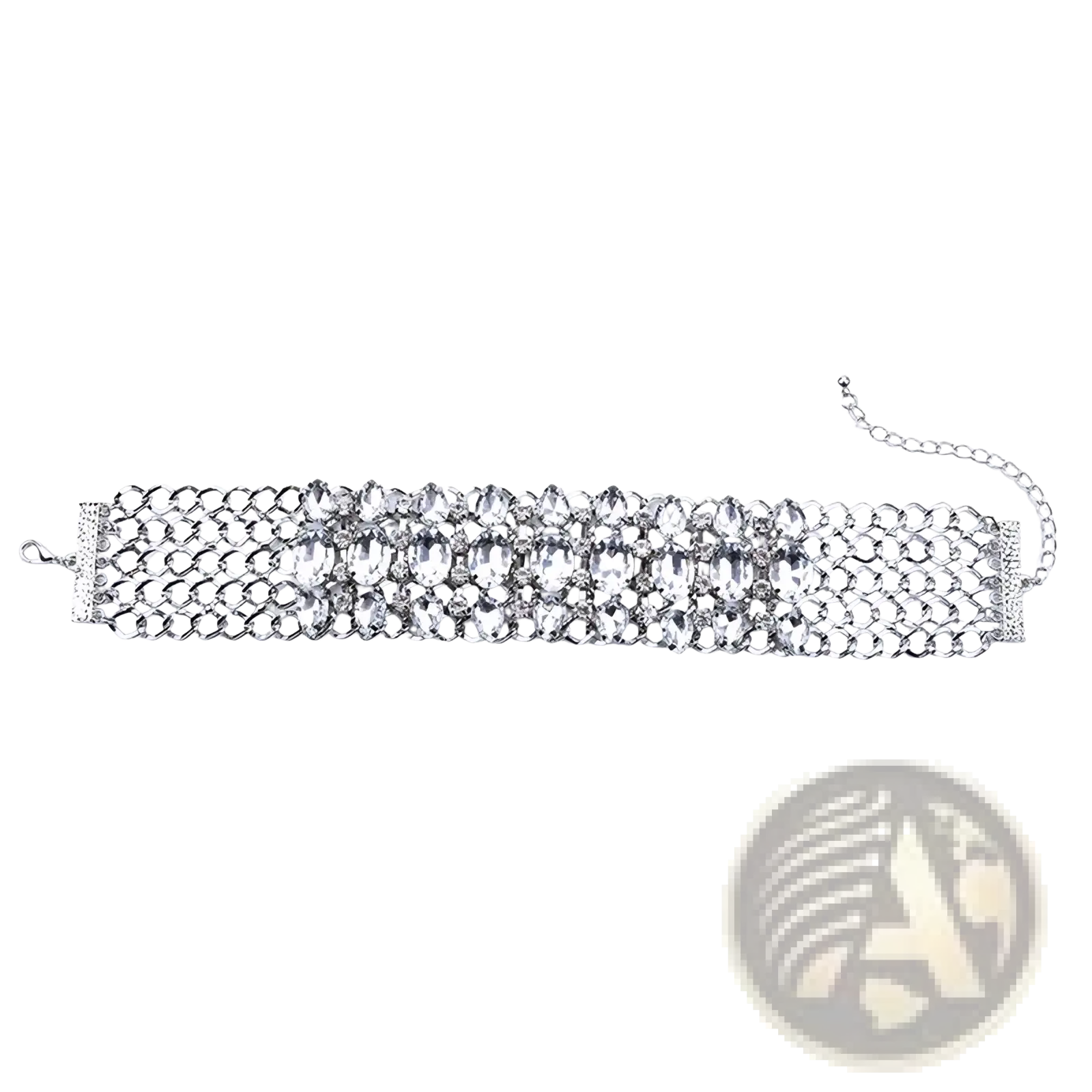 Silver crystal rhinestone choker necklace with multi-layered mesh design and adjustable chain clasp wholesale product