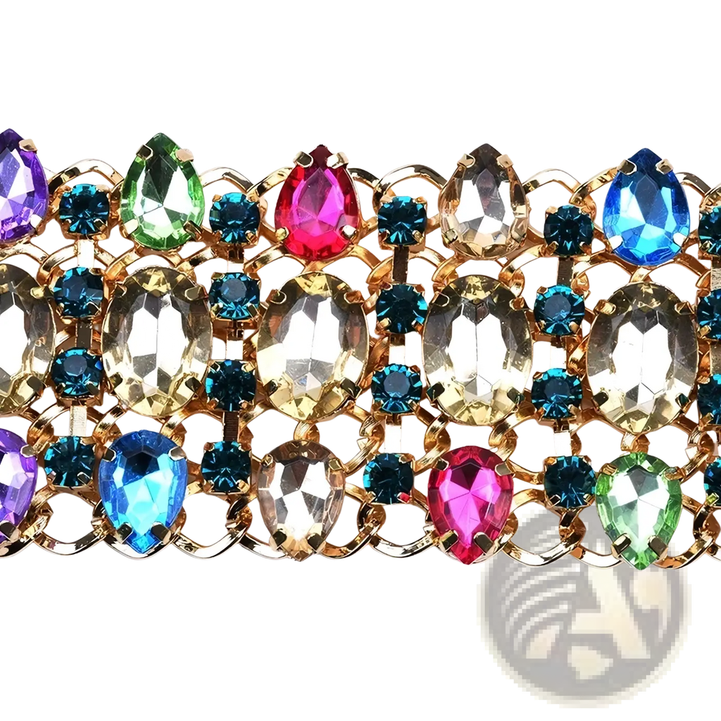 A vibrant crystal rhinestone choker necklace with gold-toned metal settings and colorful teardrop and oval rhinestones