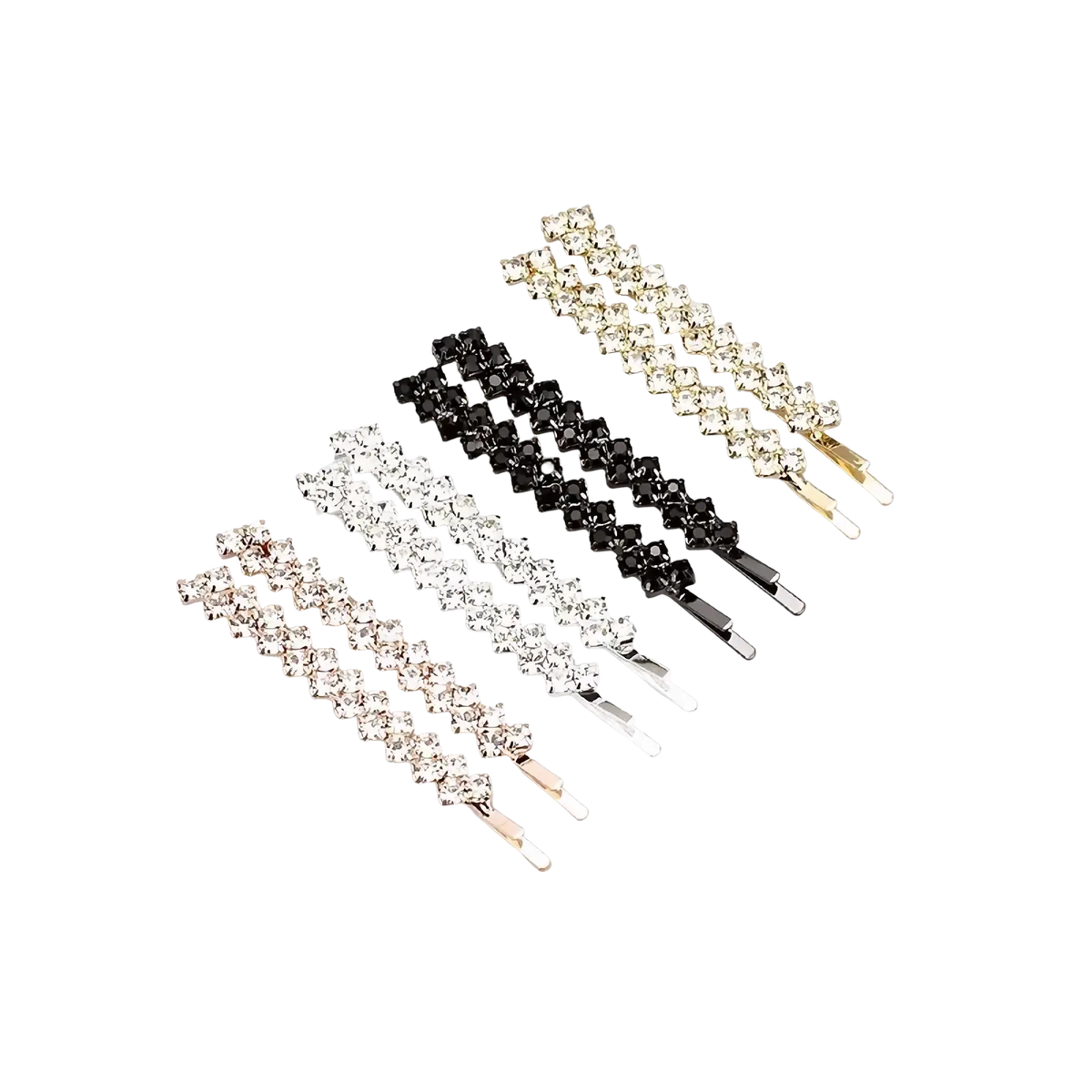 Set of five crystal rhinestone hair clips in gold black silver rose gold and white showcasing elegant sparkle
