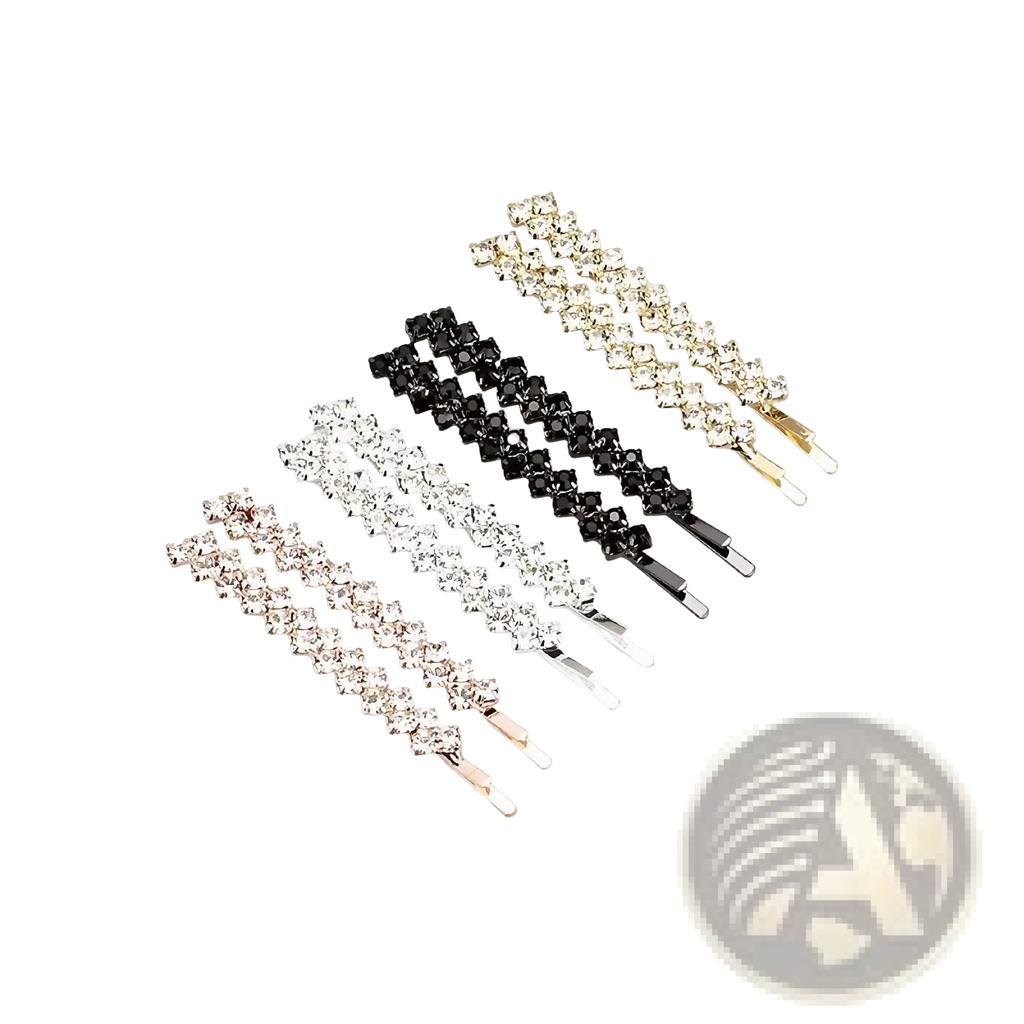 Set of five crystal rhinestone hair clips in gold black silver rose gold and white showcasing elegant sparkle
