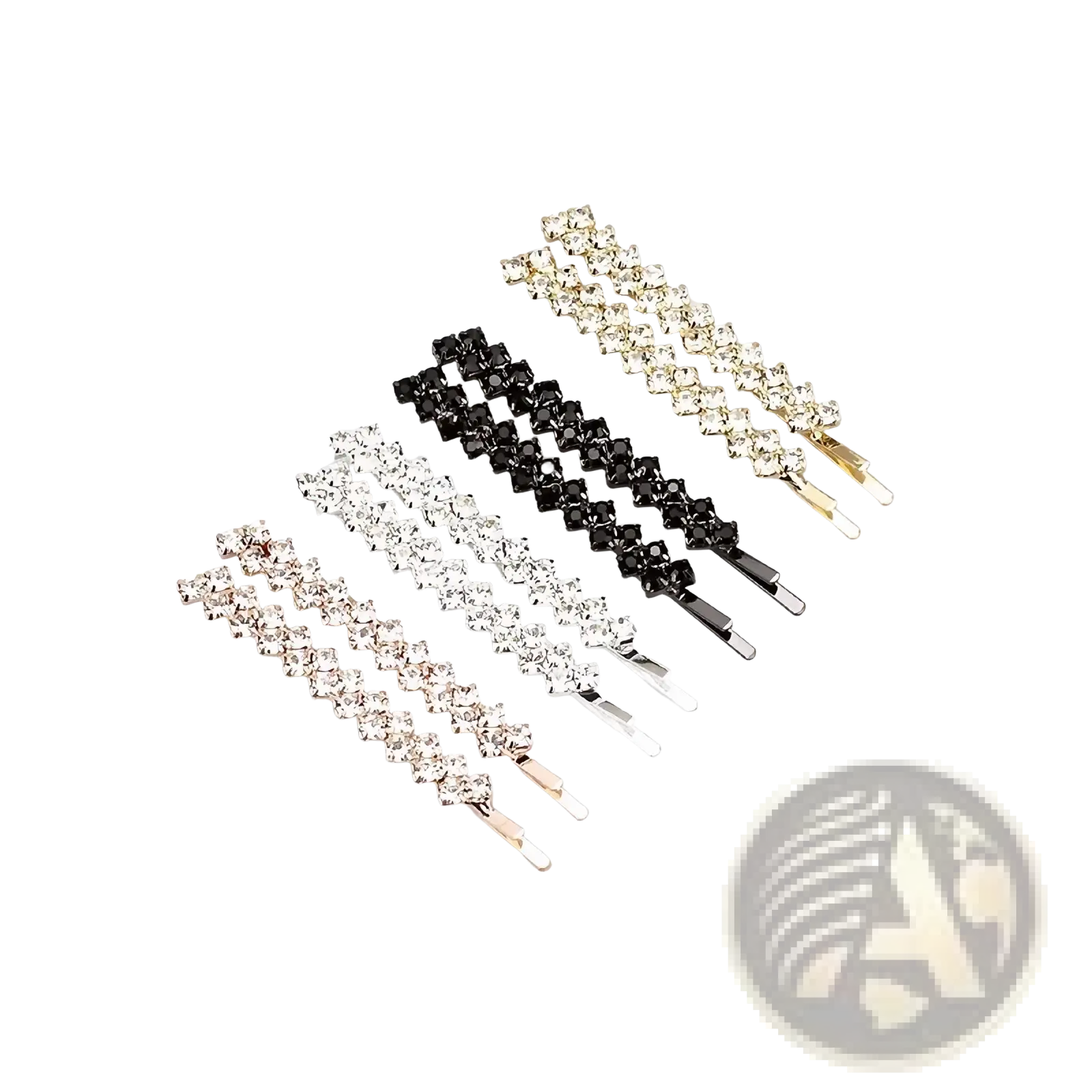 Set of five crystal rhinestone hair clips in gold black silver rose gold and white showcasing elegant sparkle