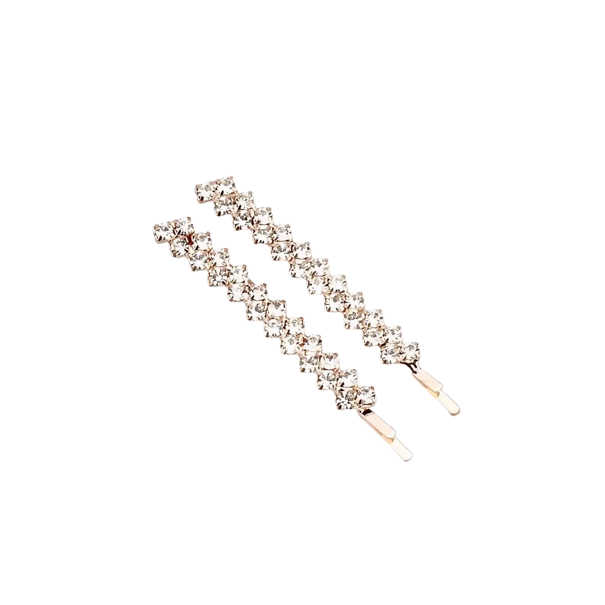 A pair of rose gold crystal rhinestone hair clips with clear sparkling stones arranged in a delicate zigzag pattern
