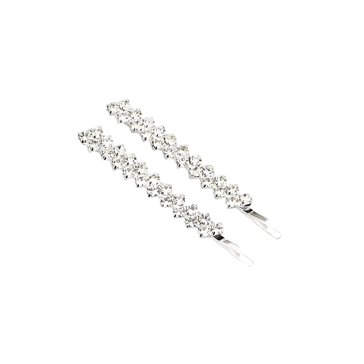 A pair of silver-toned crystal rhinestone hair clips with clear rhinestones arranged in a zigzag pattern