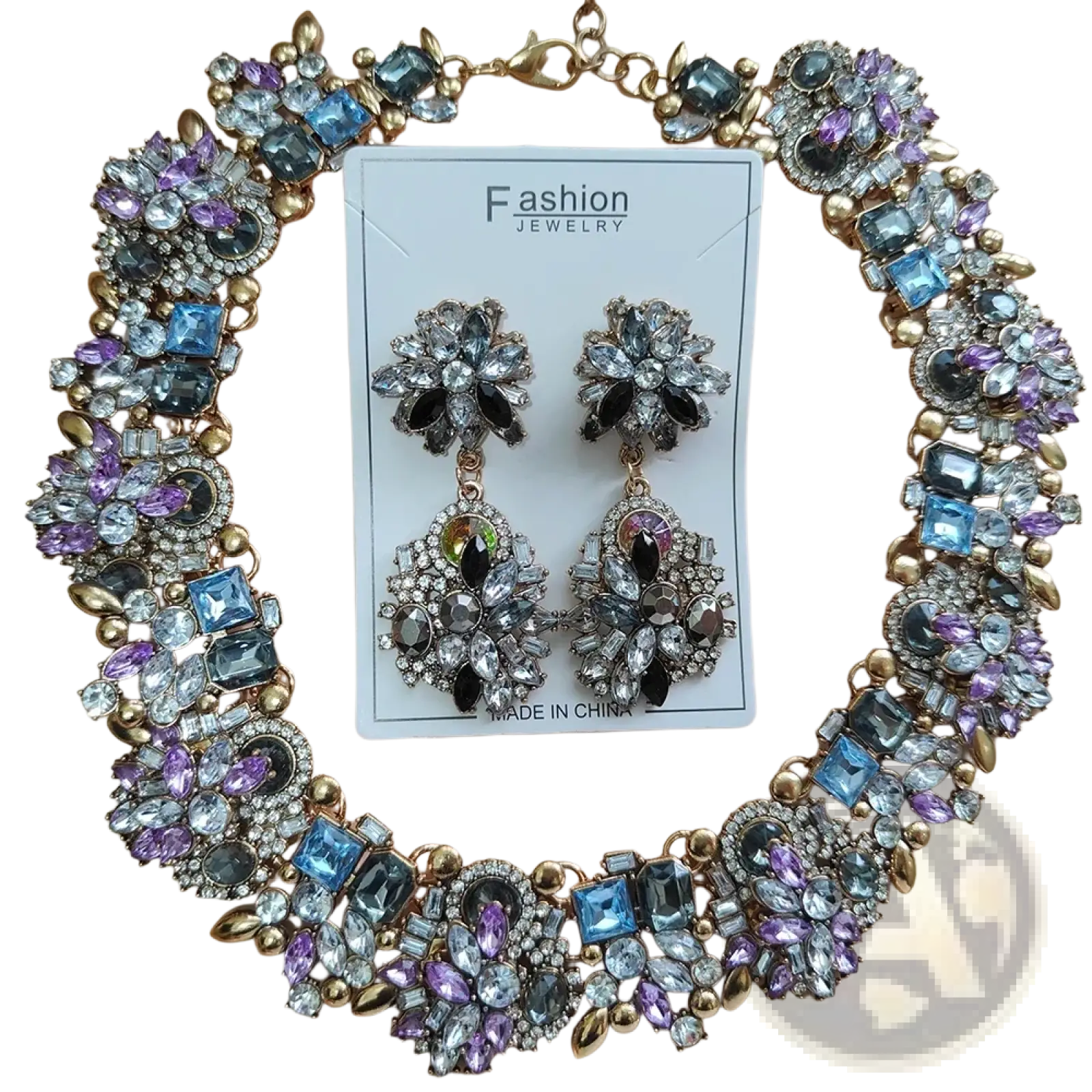 Crystal rhinestone statement necklace set featuring a gold-toned floral design with blue purple rhinestones and clear crystals