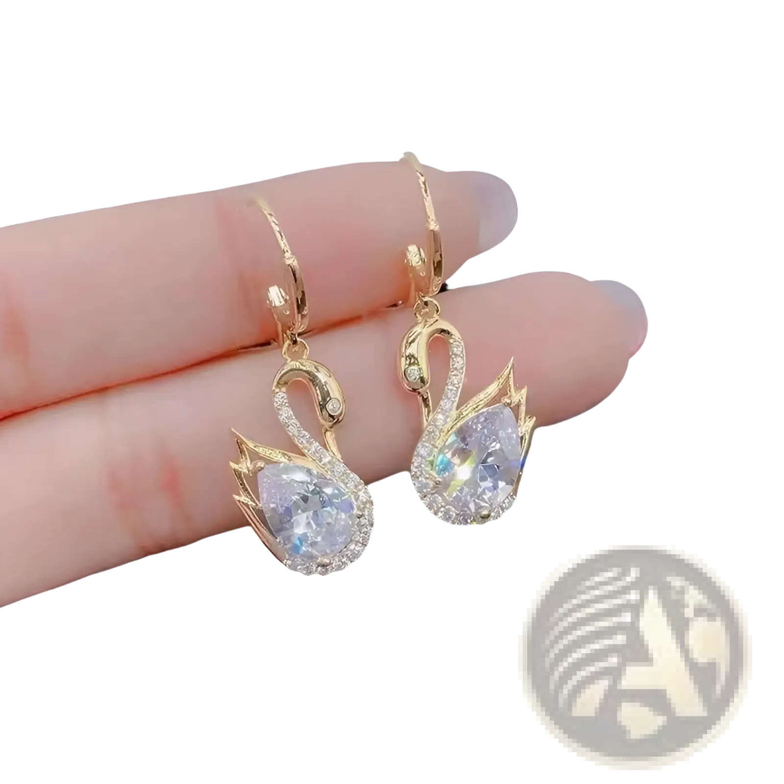 Crystal rhinestone swan drop earrings for women featuring gold-toned metal with pear-shaped crystal and diamond-like wings