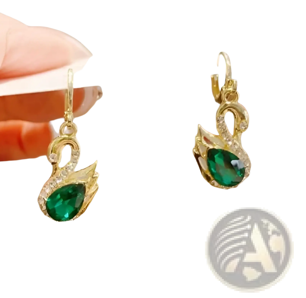 Elegant gold-toned crystal rhinestone swan drop earrings for women with emerald green teardrop gemstone and clear crystals
