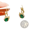 Elegant gold-toned crystal rhinestone swan drop earrings for women with emerald green teardrop gemstone and clear crystals