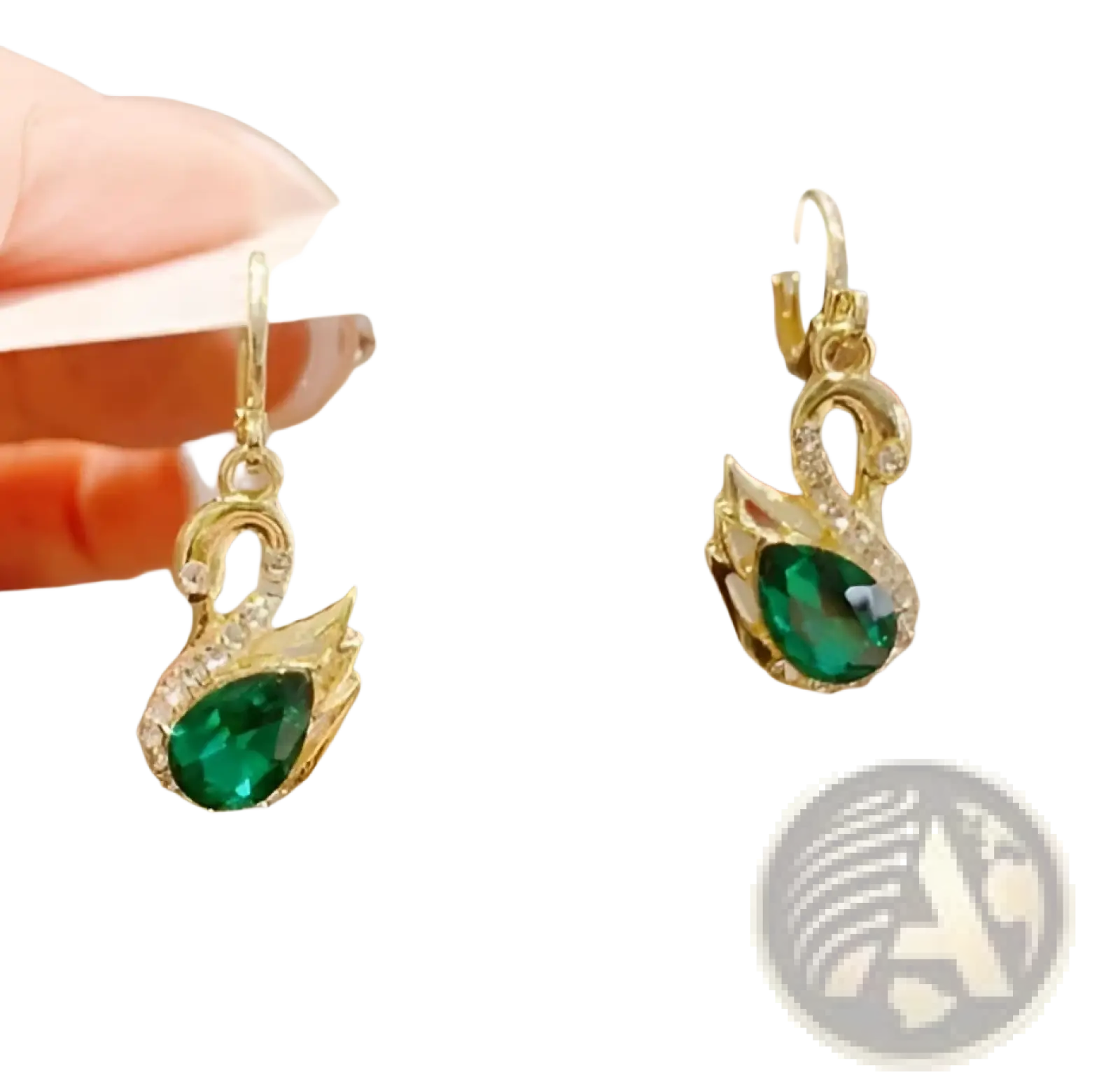 Elegant gold-toned crystal rhinestone swan drop earrings for women with emerald green teardrop gemstone and clear crystals