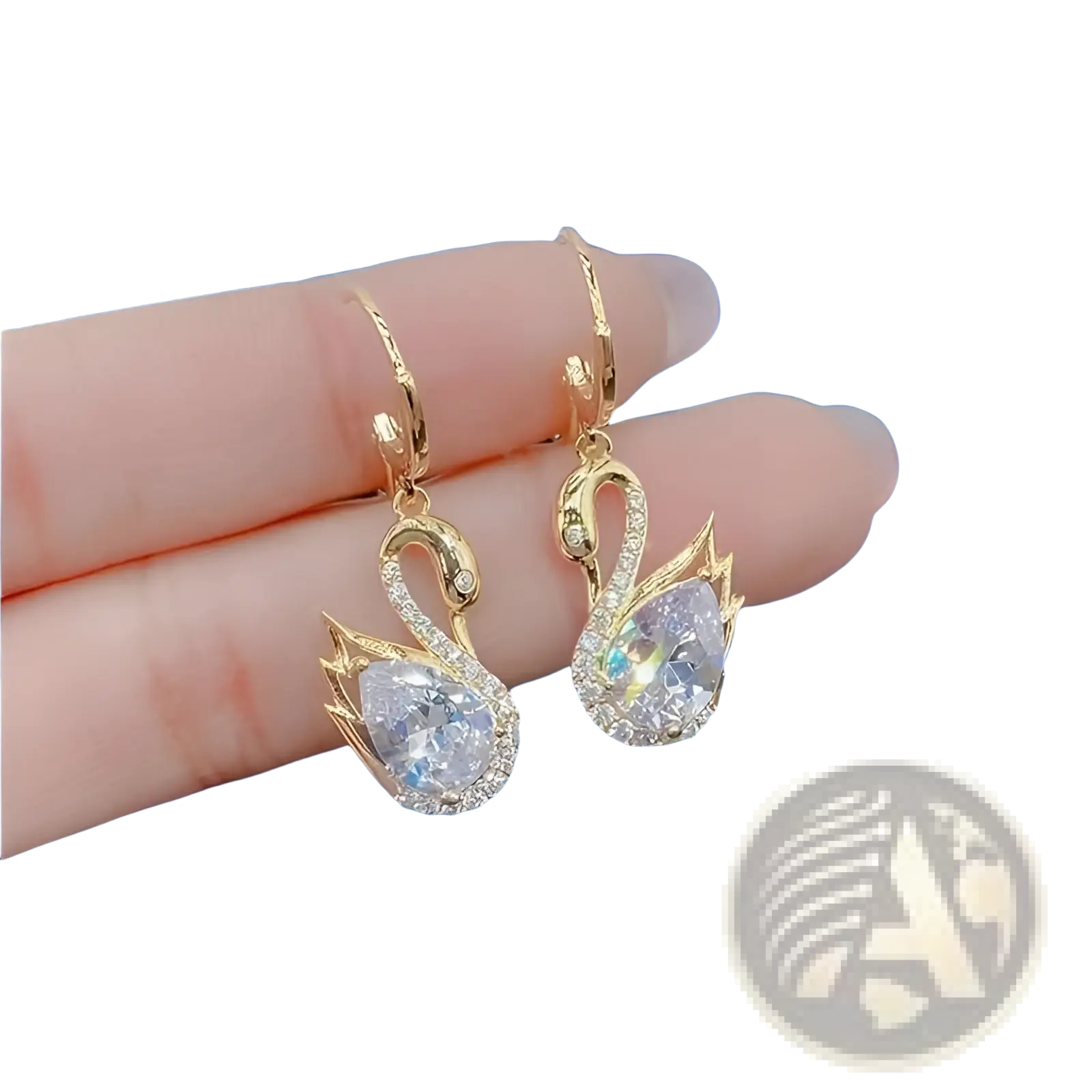 Gold-toned crystal rhinestone swan drop earrings for women with sparkling clear crystals and a pearlescent stone center