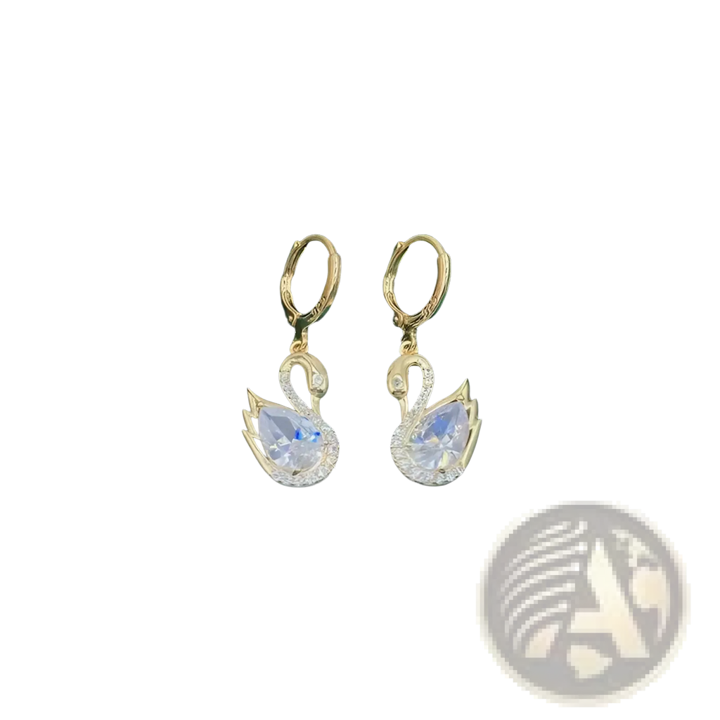 Gold-toned swan drop earrings featuring a central pear-shaped clear crystal surrounded by smaller sparkling rhinestones