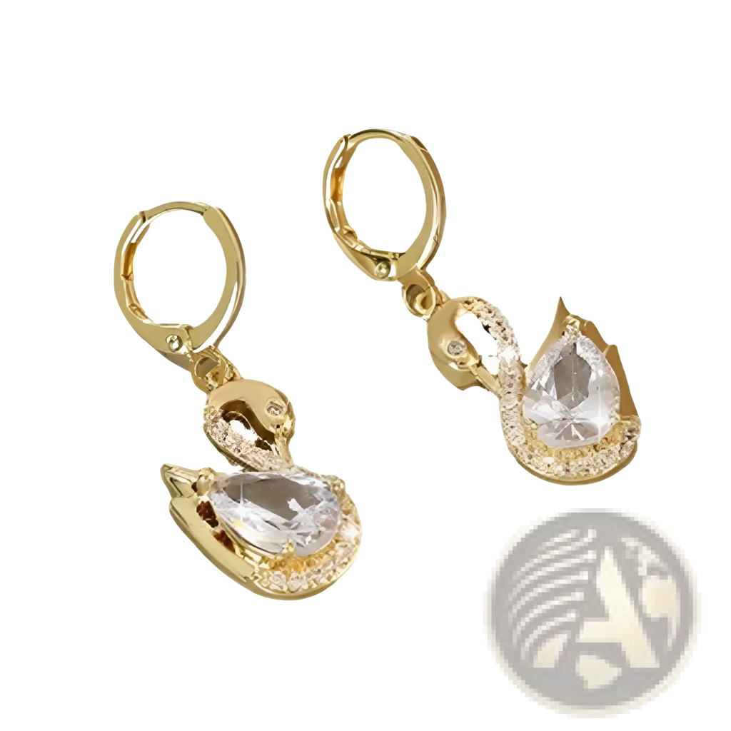 Gold-toned swan-shaped dangle earrings with clear teardrop crystals and pave-set rhinestones for women