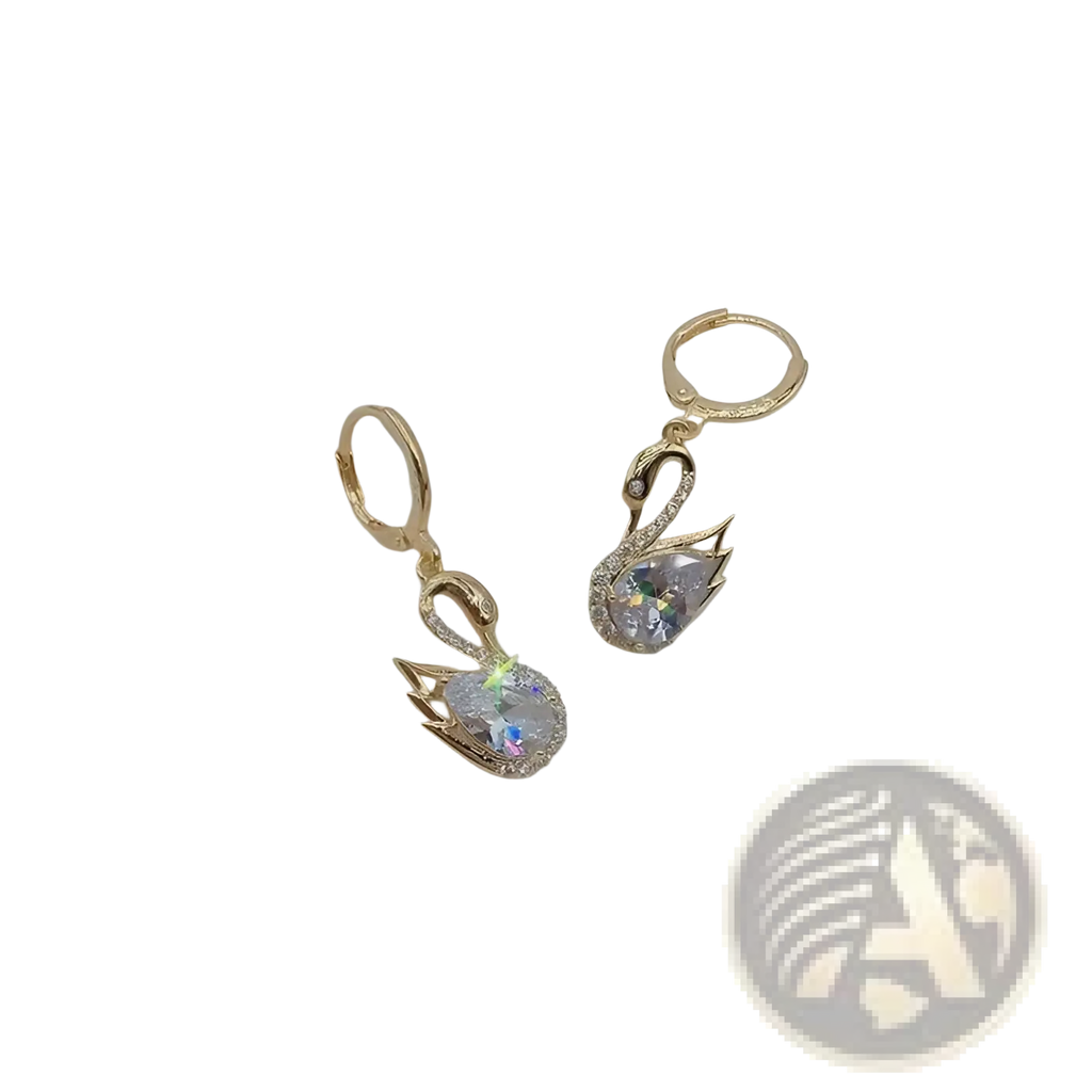 Gold-toned swan drop earrings for women adorned with clear crystal rhinestones and intricate detailing