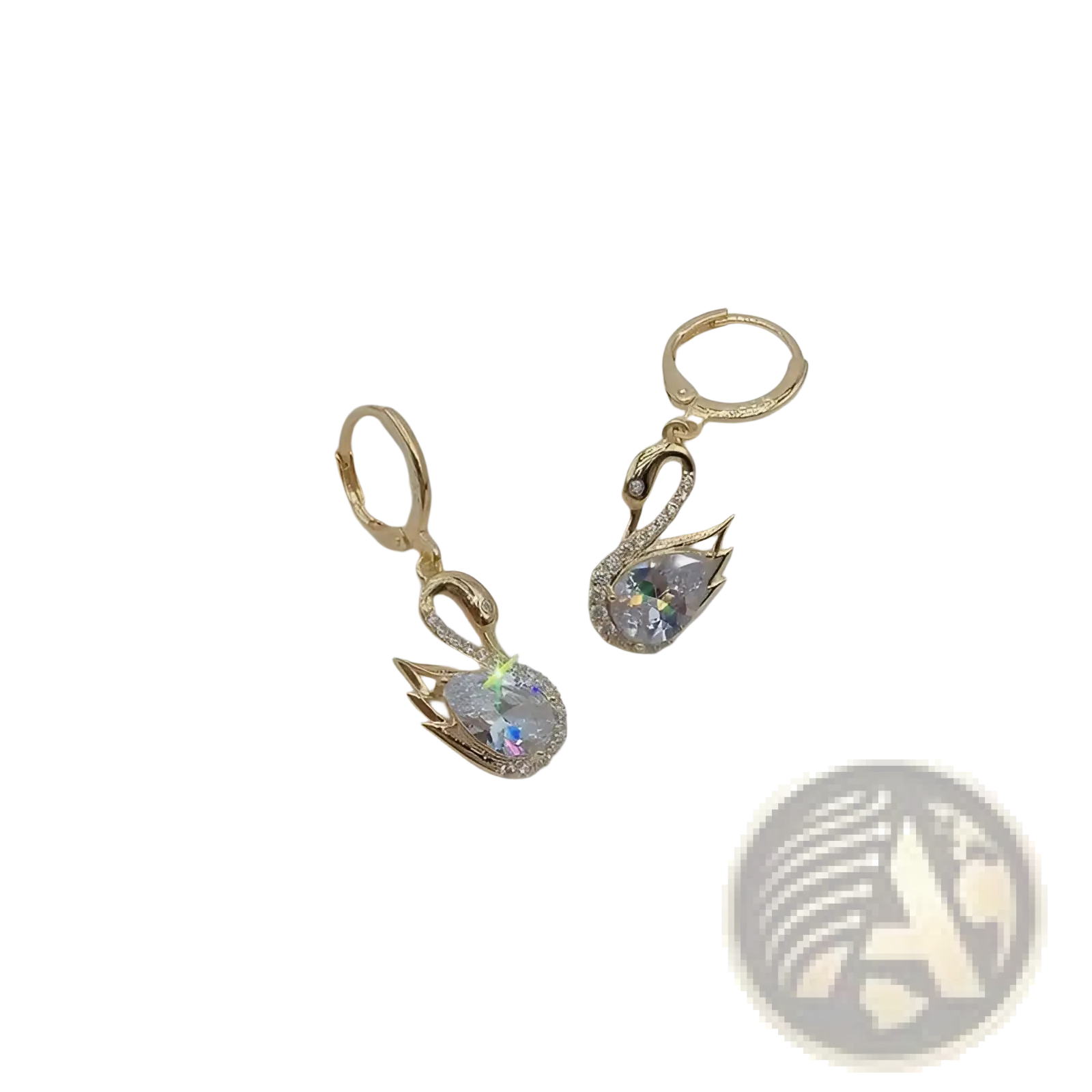 Gold-toned swan drop earrings for women adorned with clear crystal rhinestones and intricate detailing