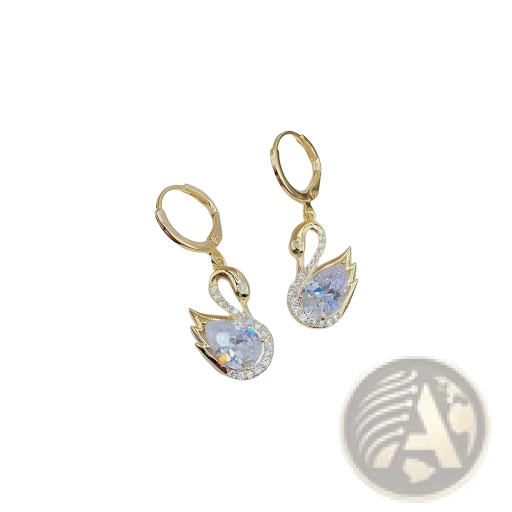 Gold-toned swan drop earrings for women with sparkling clear crystal rhinestones and central pearlescent stone