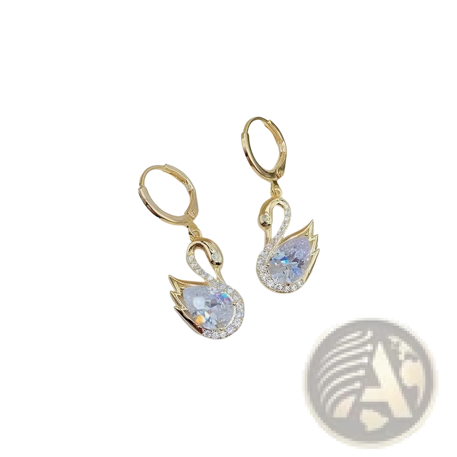 Gold-toned swan drop earrings for women with sparkling clear crystal rhinestones and central pearlescent stone