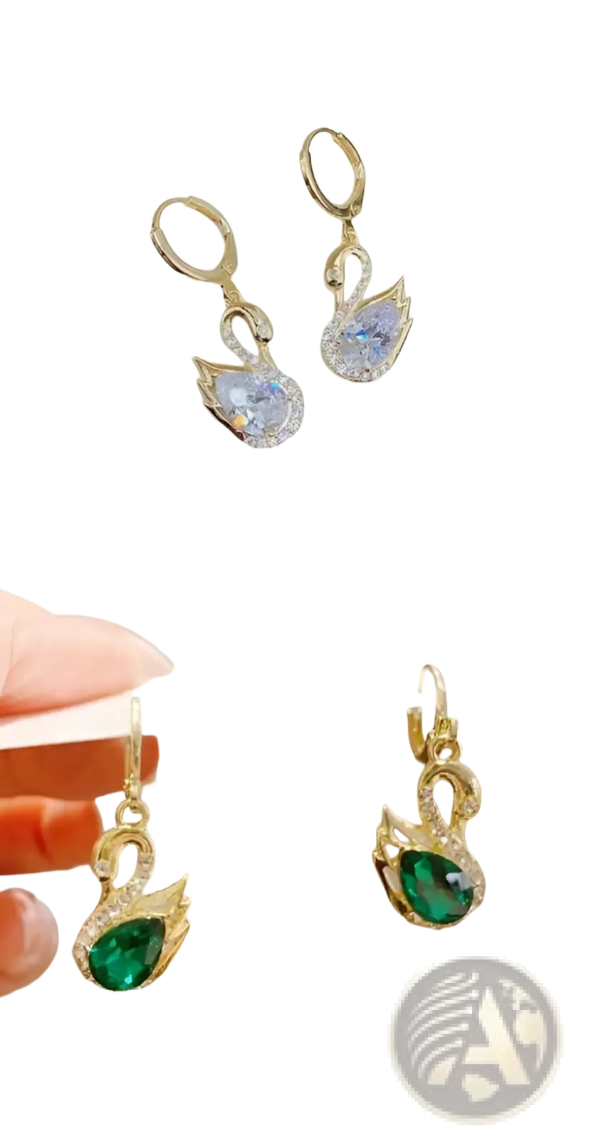 Crystal rhinestone swan drop earrings for women in gold tone with faceted lavender or emerald central crystal