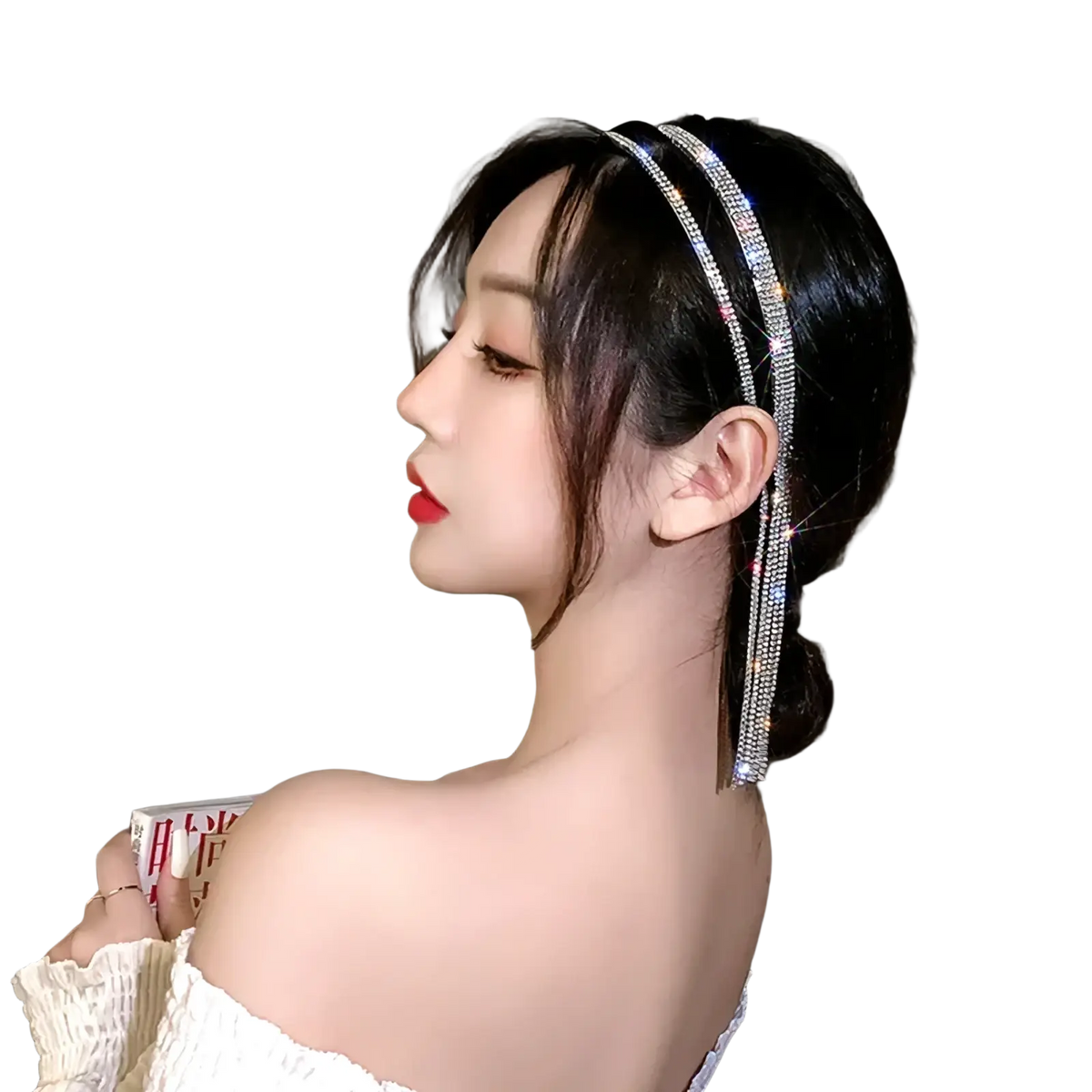 Crystal rhinestone tassel headband for women in sparkling silver with cascading crystal strands and rhinestone embellishments