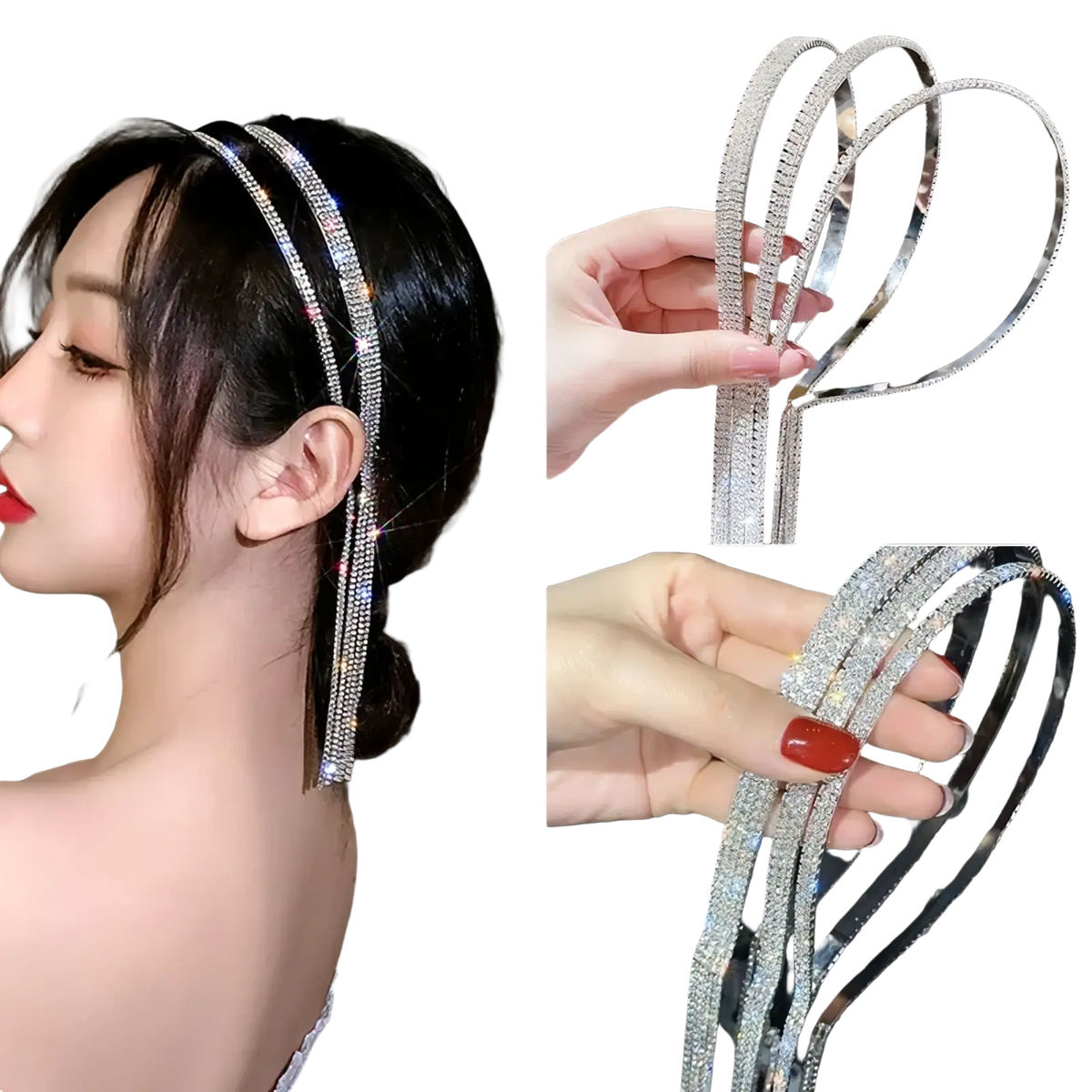 A sparkling silver crystal rhinestone tassel headband for women with sleek elongated design and dangling strands