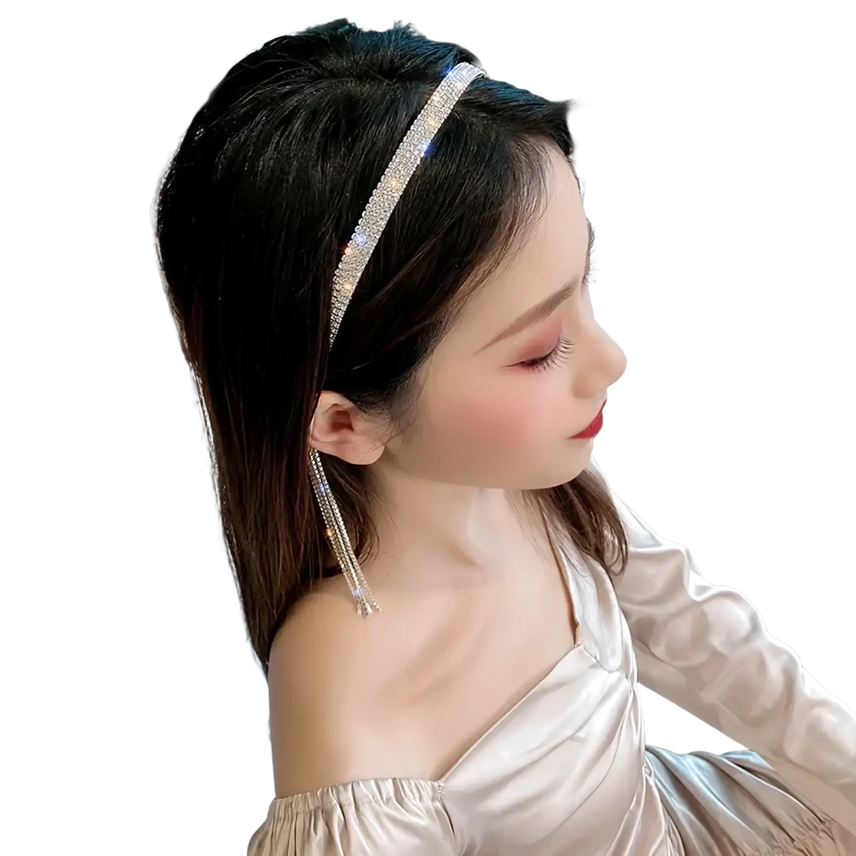 A sparkling silver crystal rhinestone tassel headband for women adorned with a row of clear rhinestones