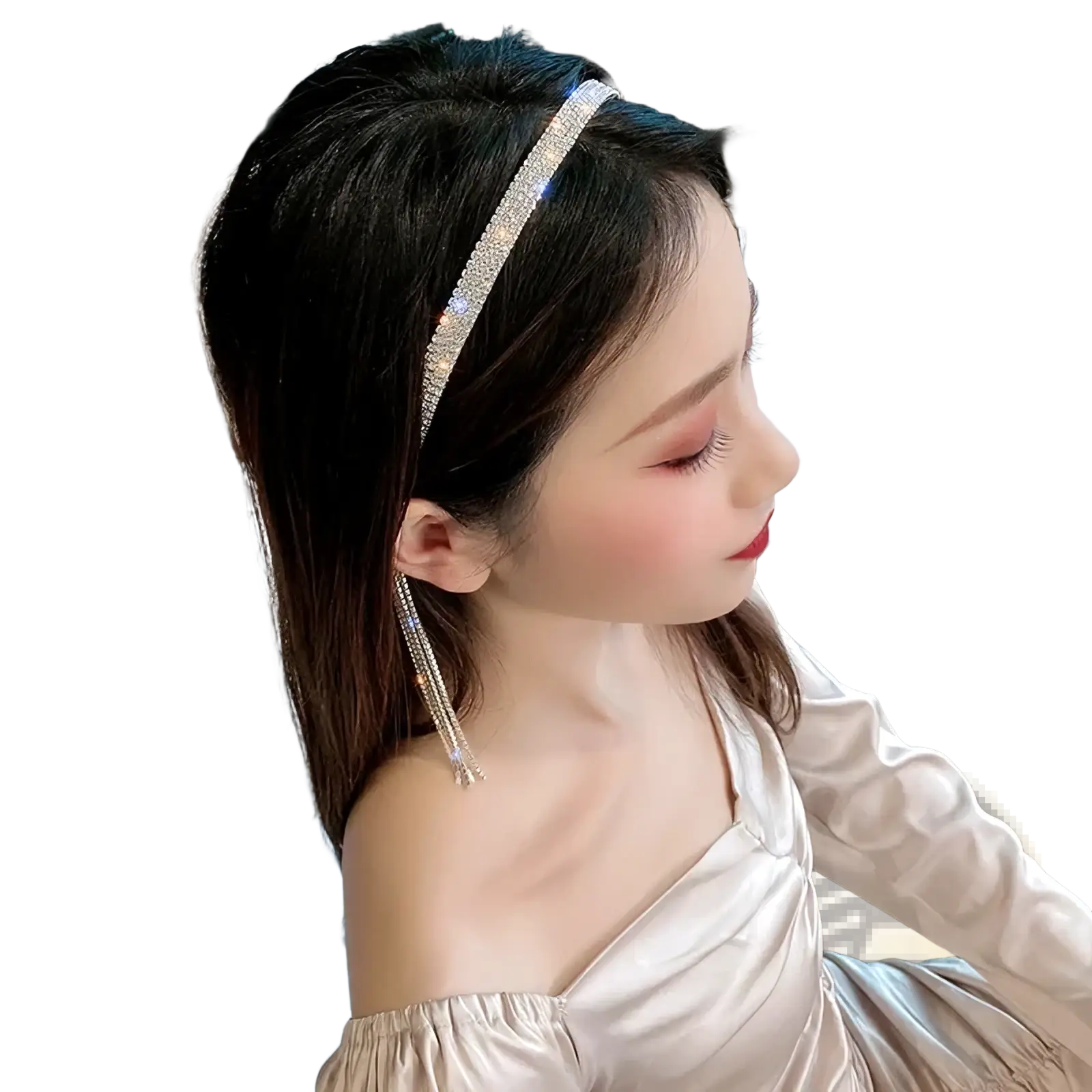 A sparkling silver crystal rhinestone tassel headband for women adorned with a row of clear rhinestones