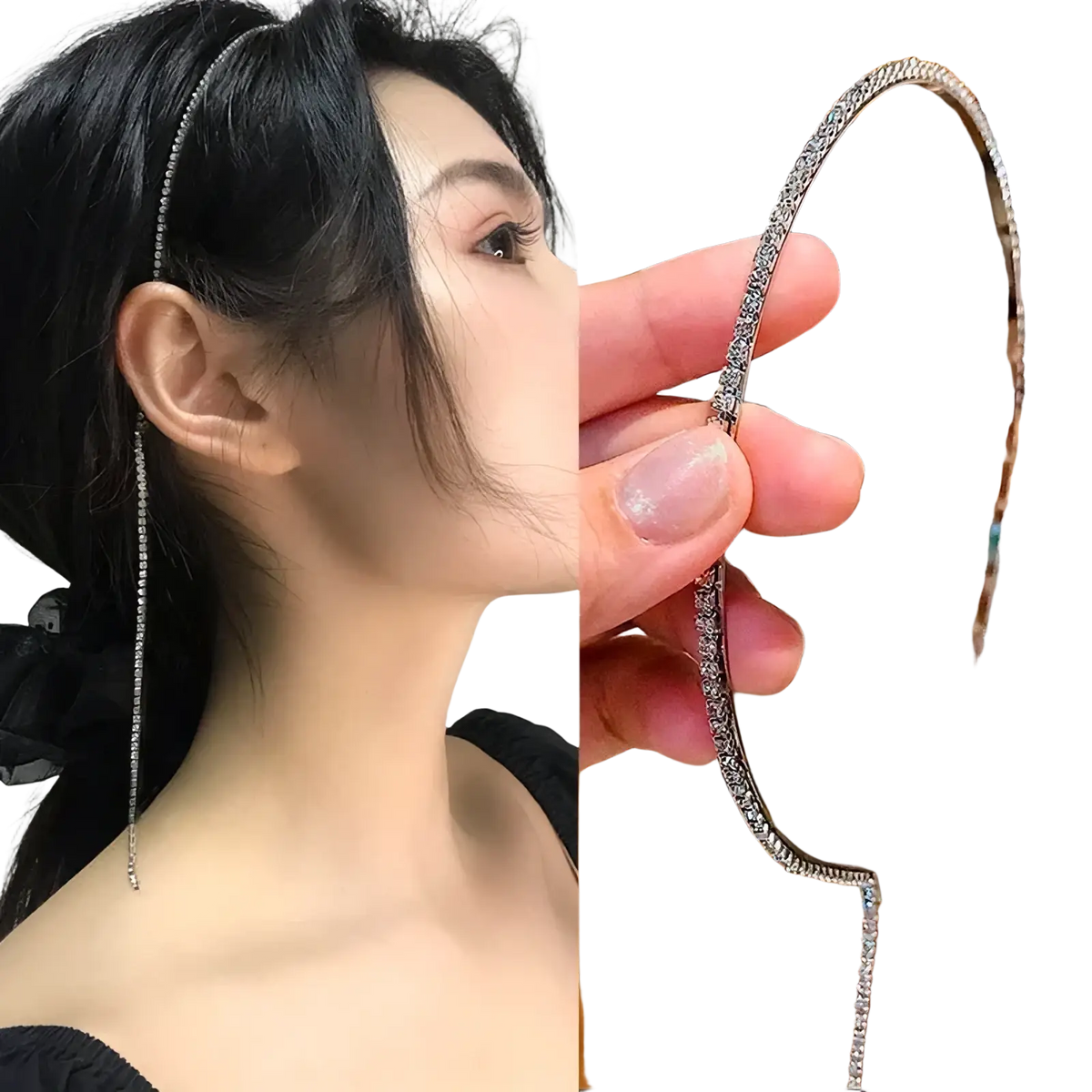 Crystal rhinestone tassel headband for women featuring silver rhinestone embellishments with a dangling chain detail