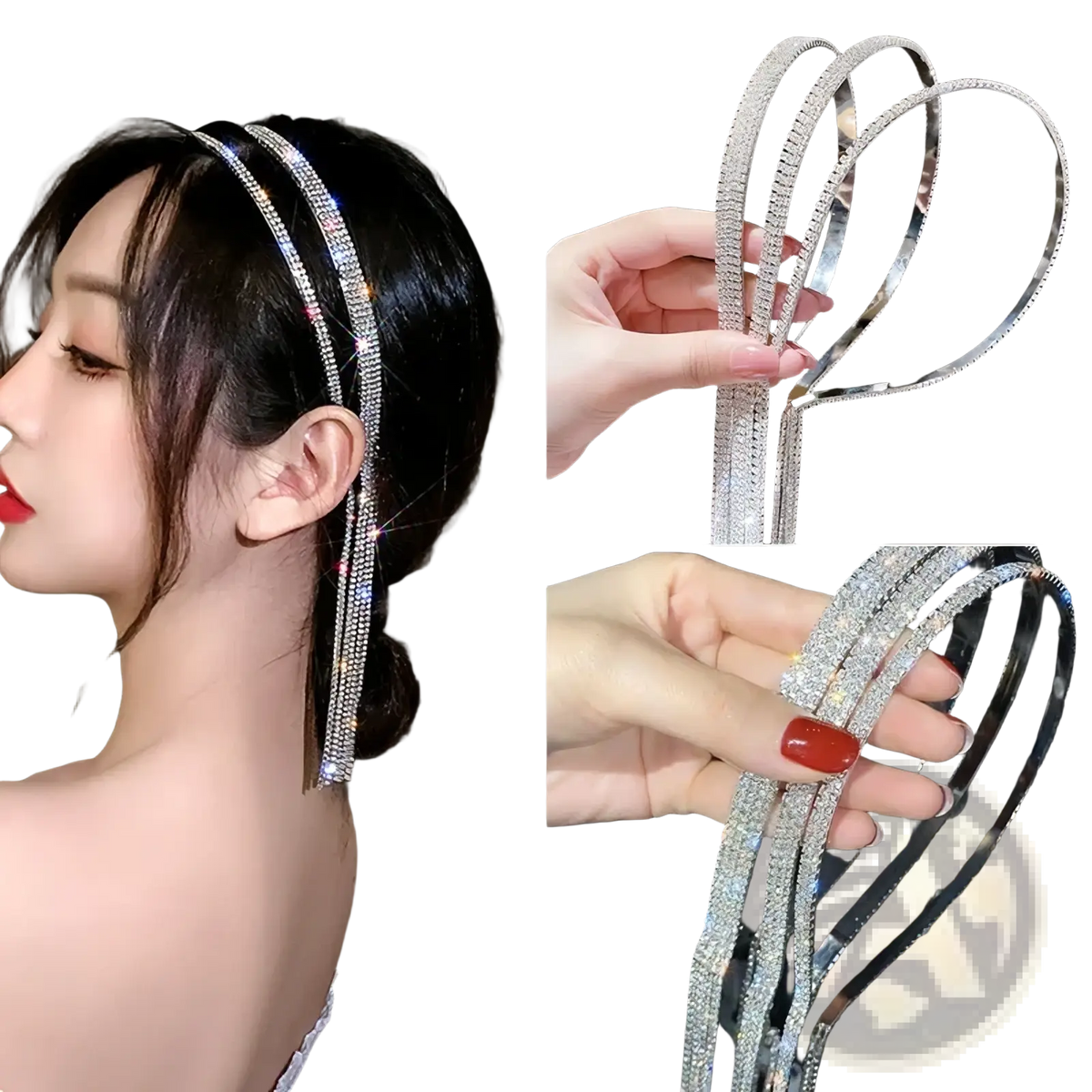A sparkling silver crystal rhinestone tassel headband for women with sleek elongated design and dangling strands