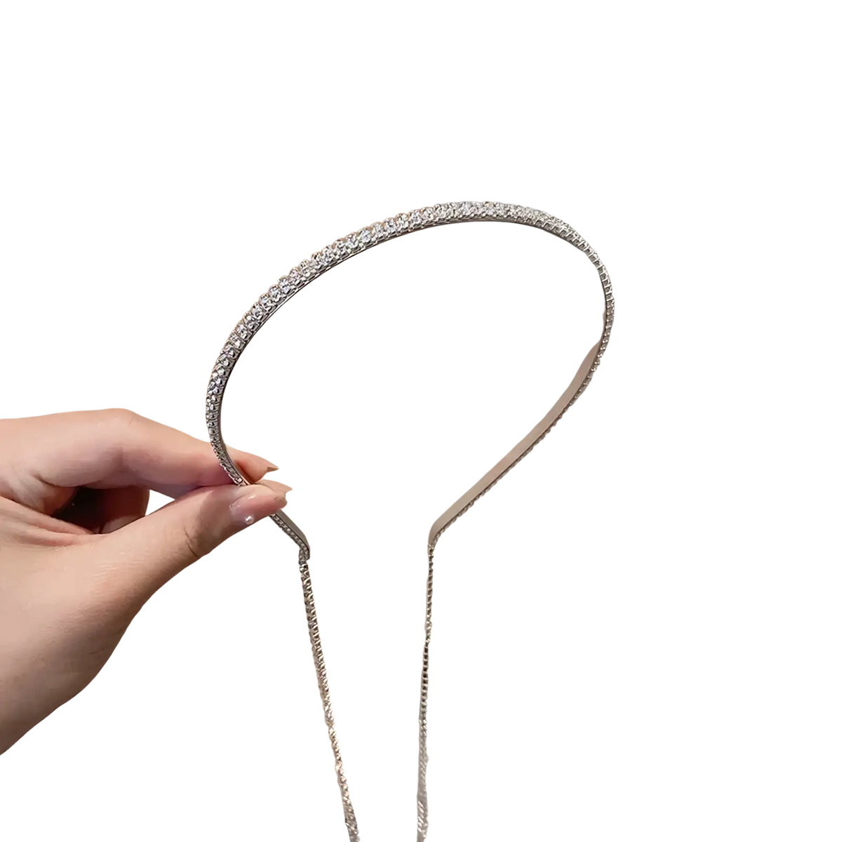 A sleek silver crystal rhinestone tassel headband for women with delicate chain extension and sparkling details