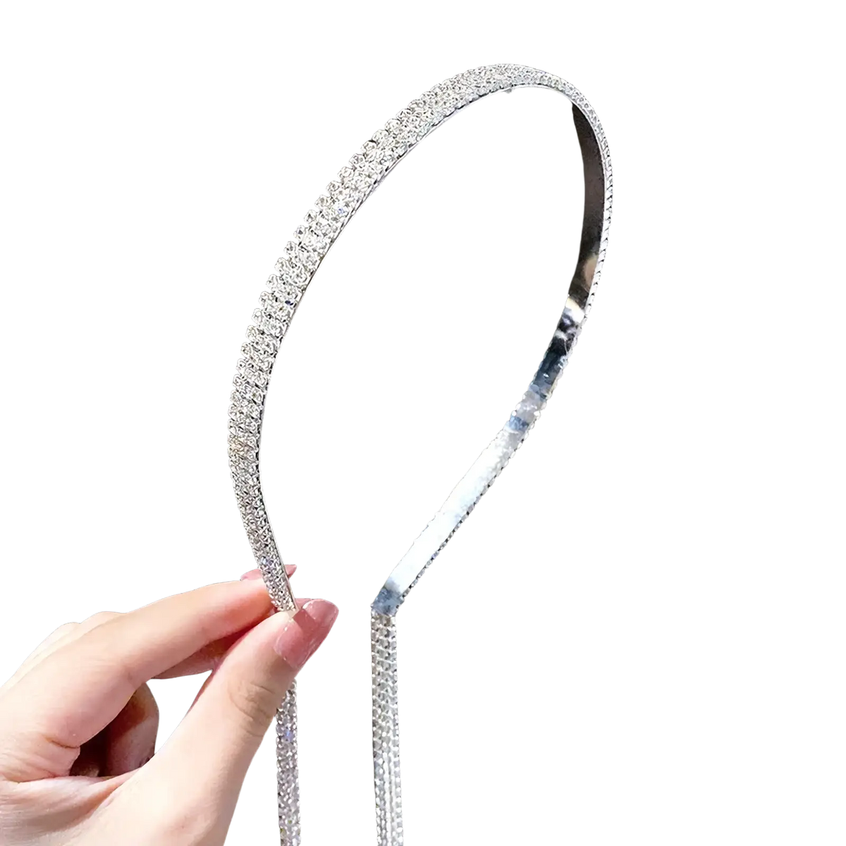 Crystal rhinestone tassel headband for women in silver tone with a continuous row of sparkling rhinestones