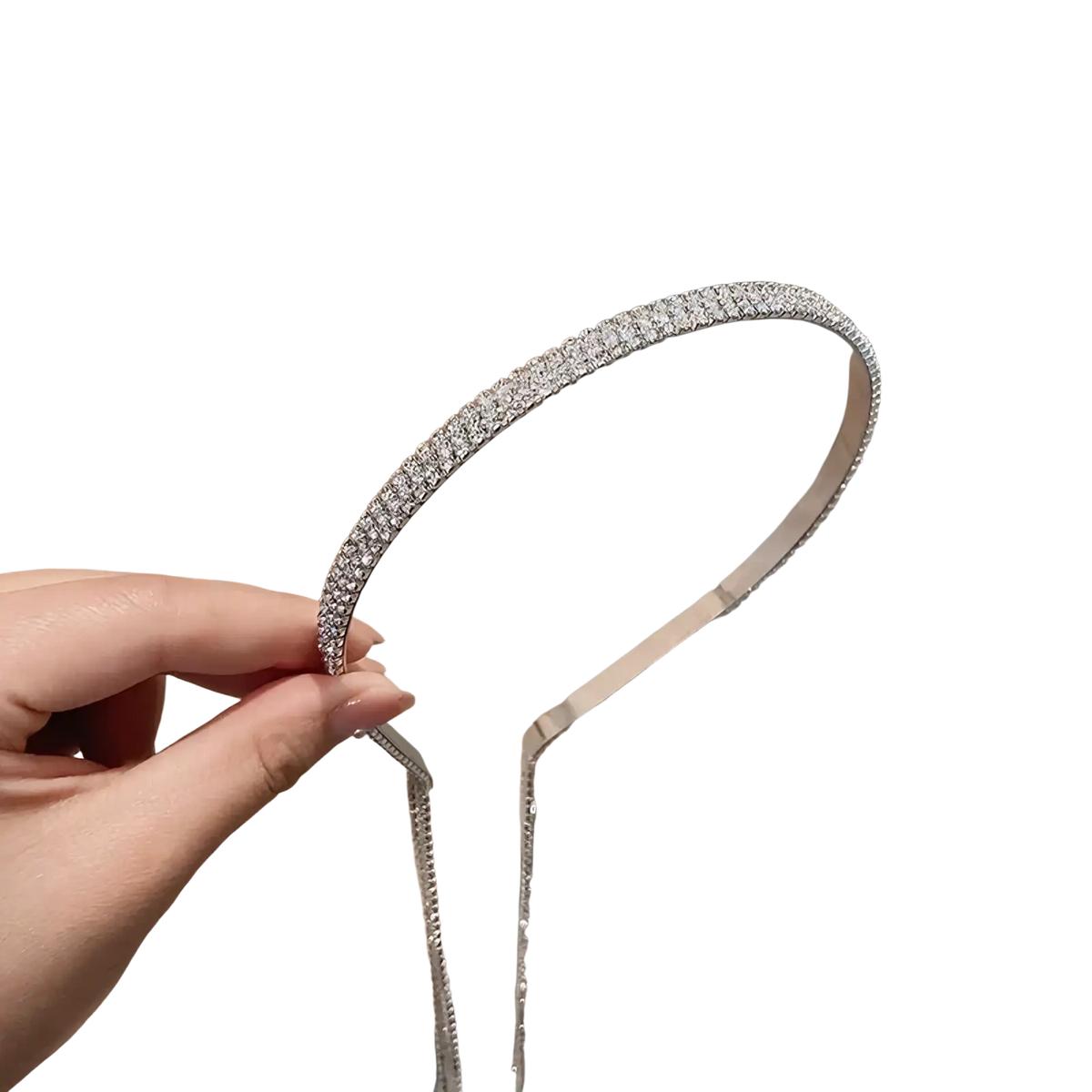 Crystal rhinestone tassel headband for women with sleek silver tone and double rows of sparkling rhinestones