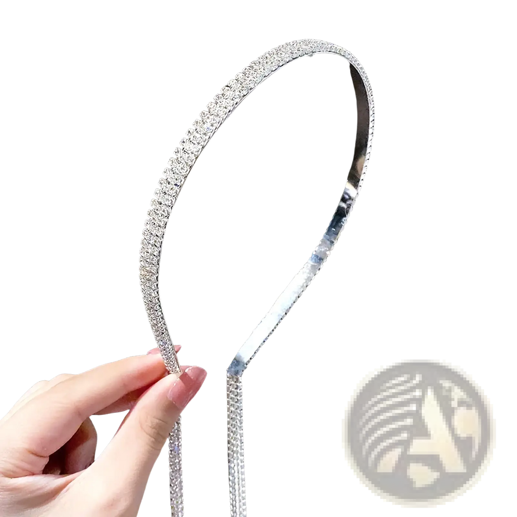 Crystal rhinestone tassel headband for women in silver tone with a continuous row of sparkling rhinestones
