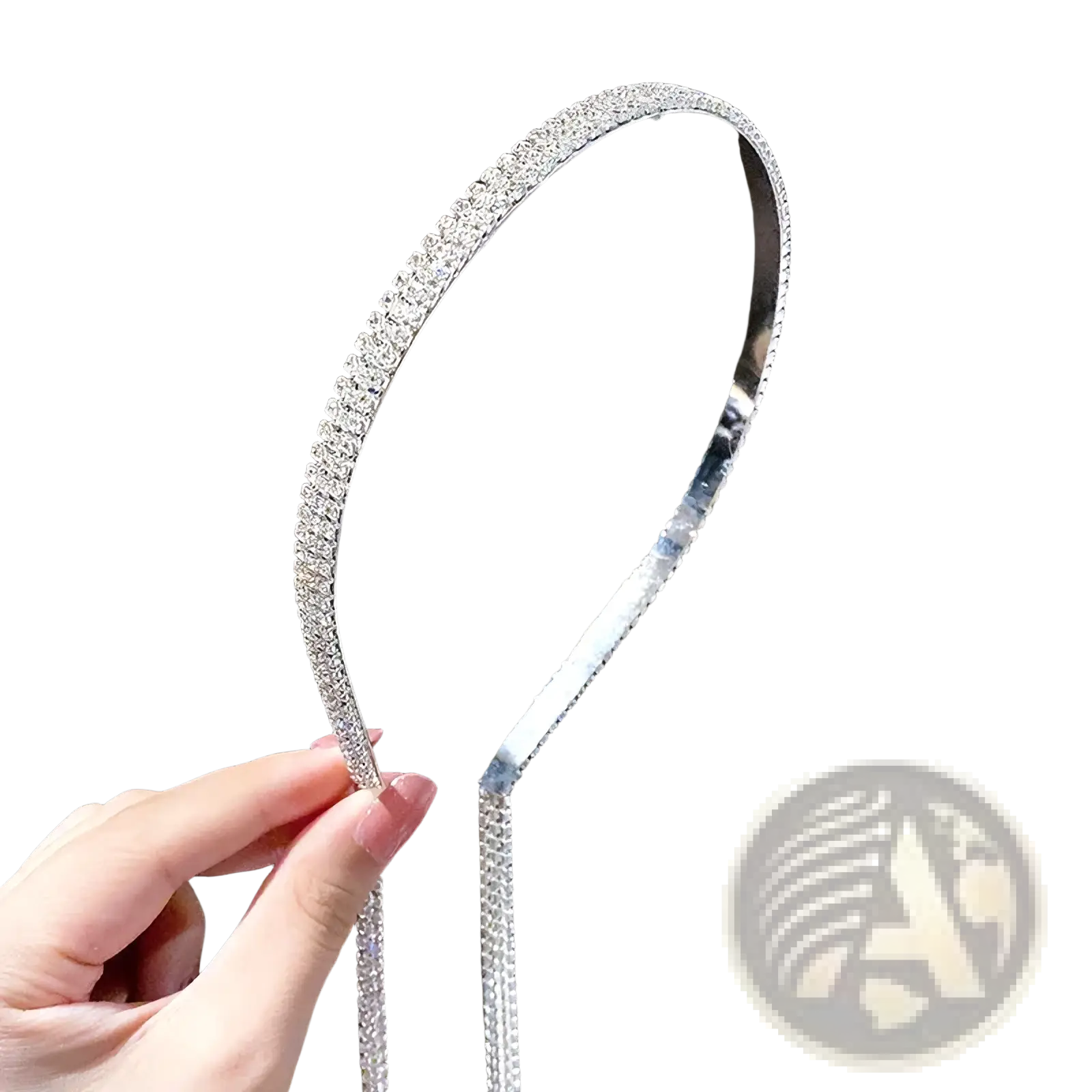 Crystal rhinestone tassel headband for women in silver tone with a continuous row of sparkling rhinestones
