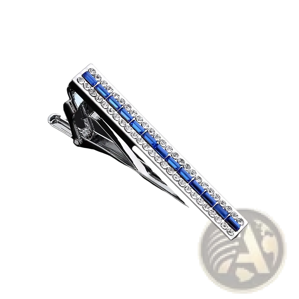 Silver crystal rhinestone tie clip set with alternating blue rectangular inlays and clear rhinestone rows