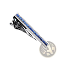 Silver crystal rhinestone tie clip set with alternating blue rectangular inlays and clear rhinestone rows